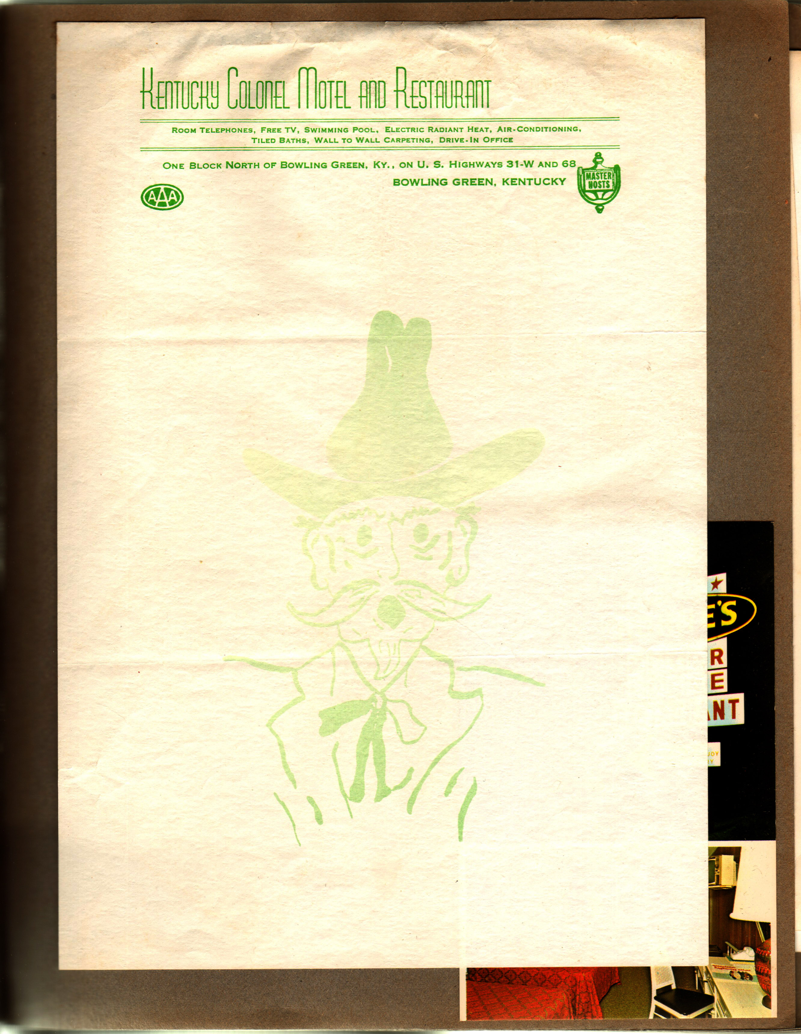 Kentucky Colonel Motel stationery - Bowling Green, KY