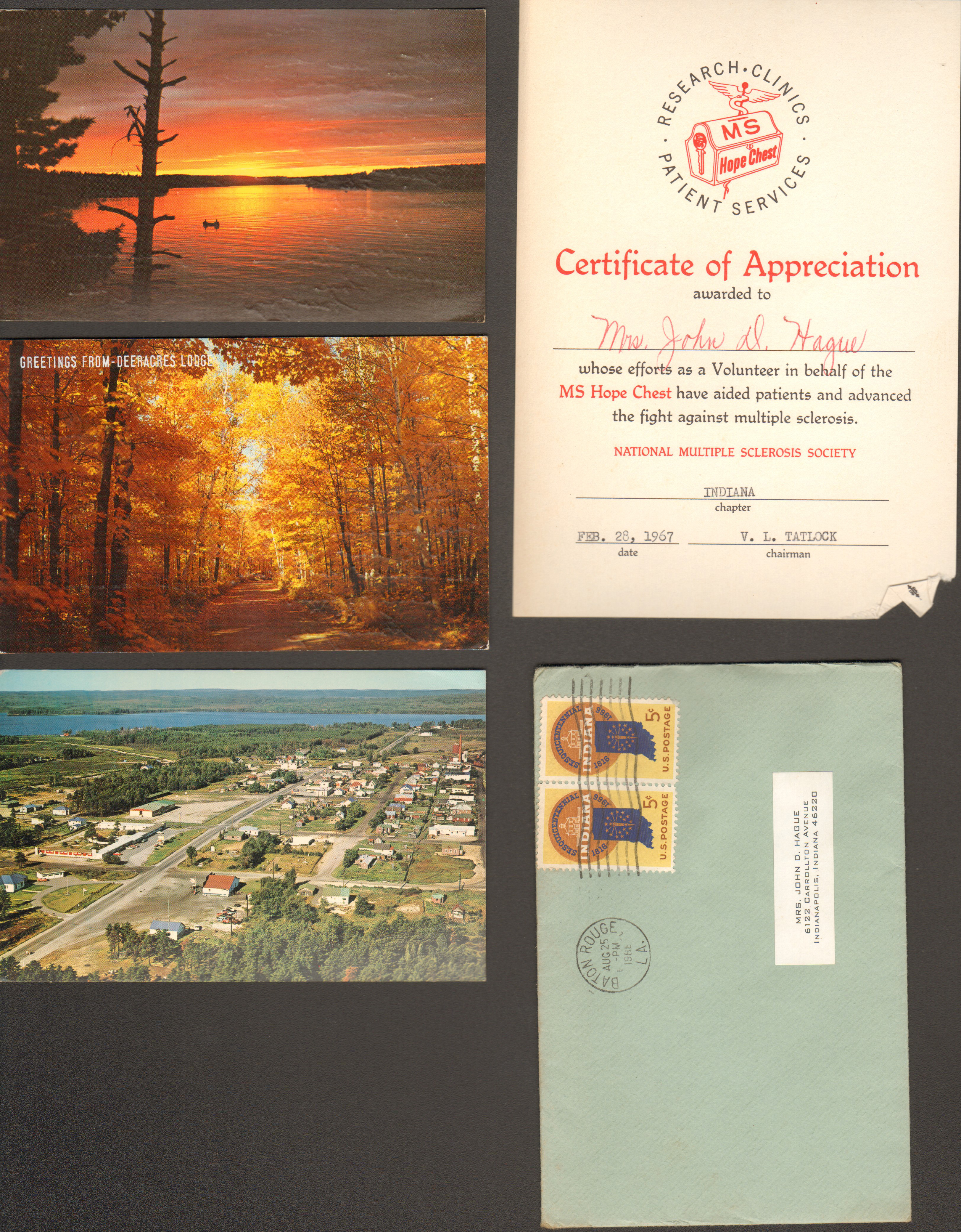 Postcard 14 - Minnesota Sunset from Helen Hague. Postcard S10021 - Sunny Birches from Helen Hague. Postcard 686 - Ignace, Ontario from Helen Hague. MS Hope Chest certificate of appreciation for Rosemary. Letter from Baton Rouge.