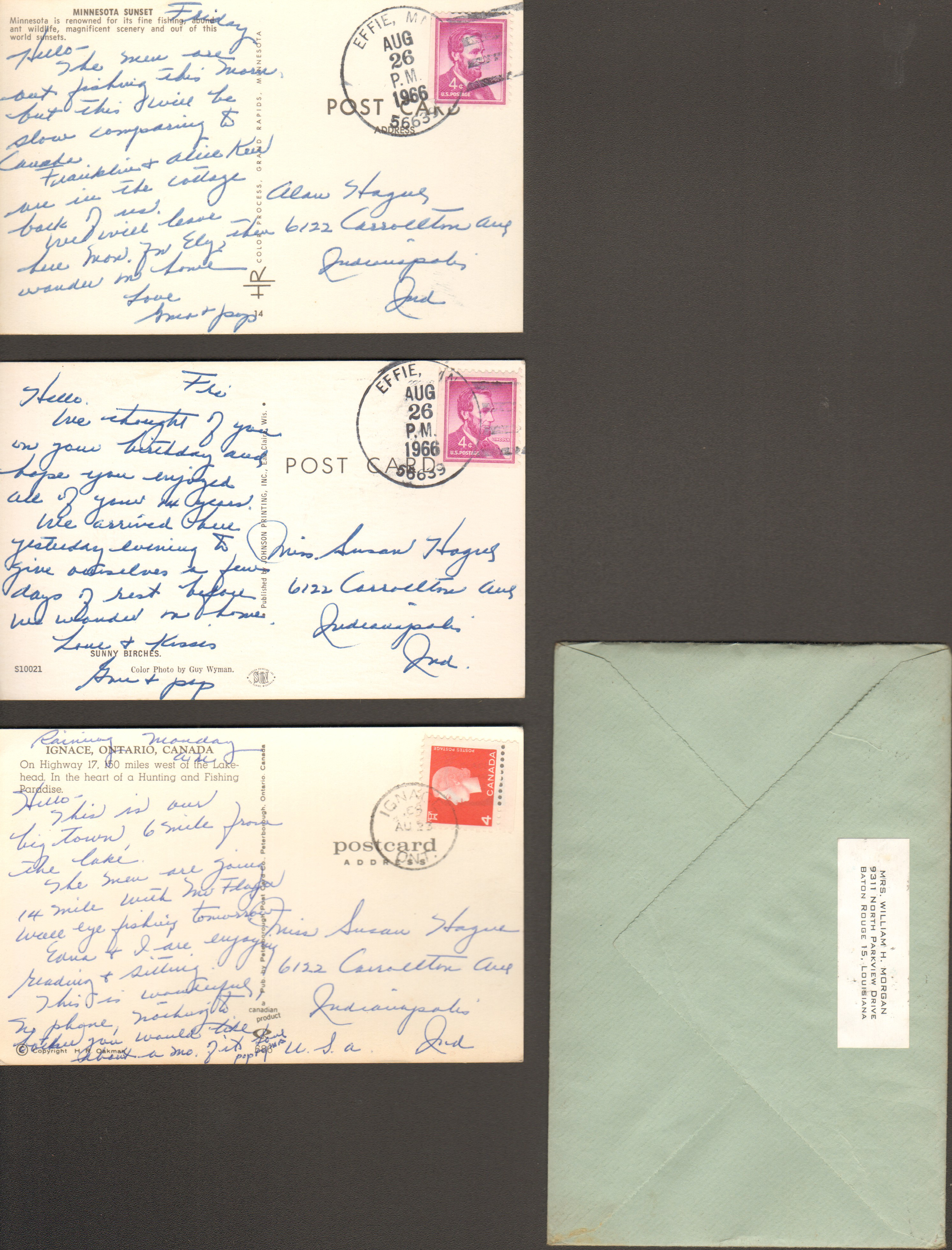 Postcard back 14 - Minnesota Sunset from Helen Hague. Postcard back S10021 - Sunny Birches from Helen Hague. Postcard back 686 - Ignace, Ontario from Helen Hague.  Letter from Baton Rouge - Helen Morgan