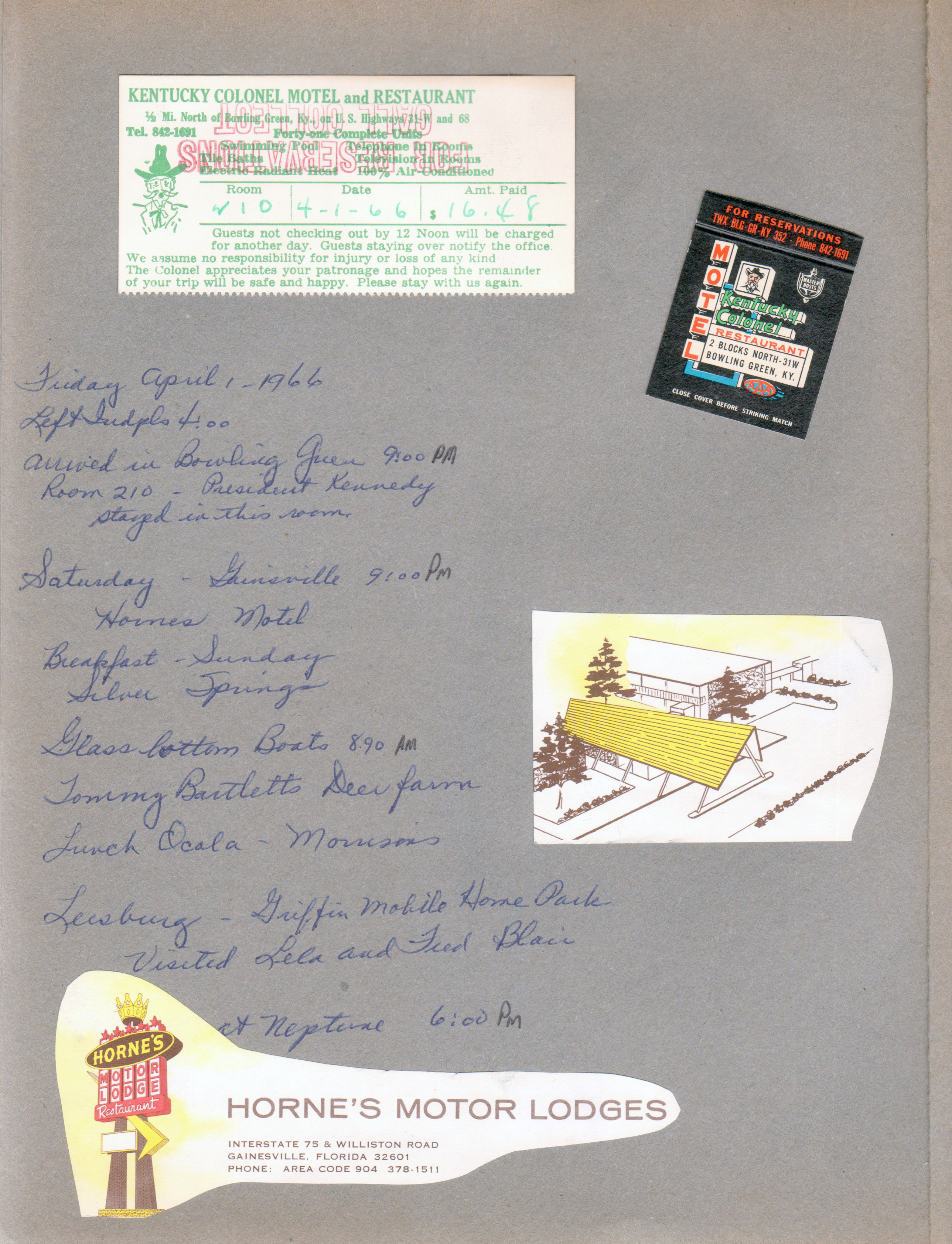 Kentucky Colonel Motel receipt and matchbook - Bowling Green, KY. Horne's Motor Lodge - Gainesville, FL - clippings