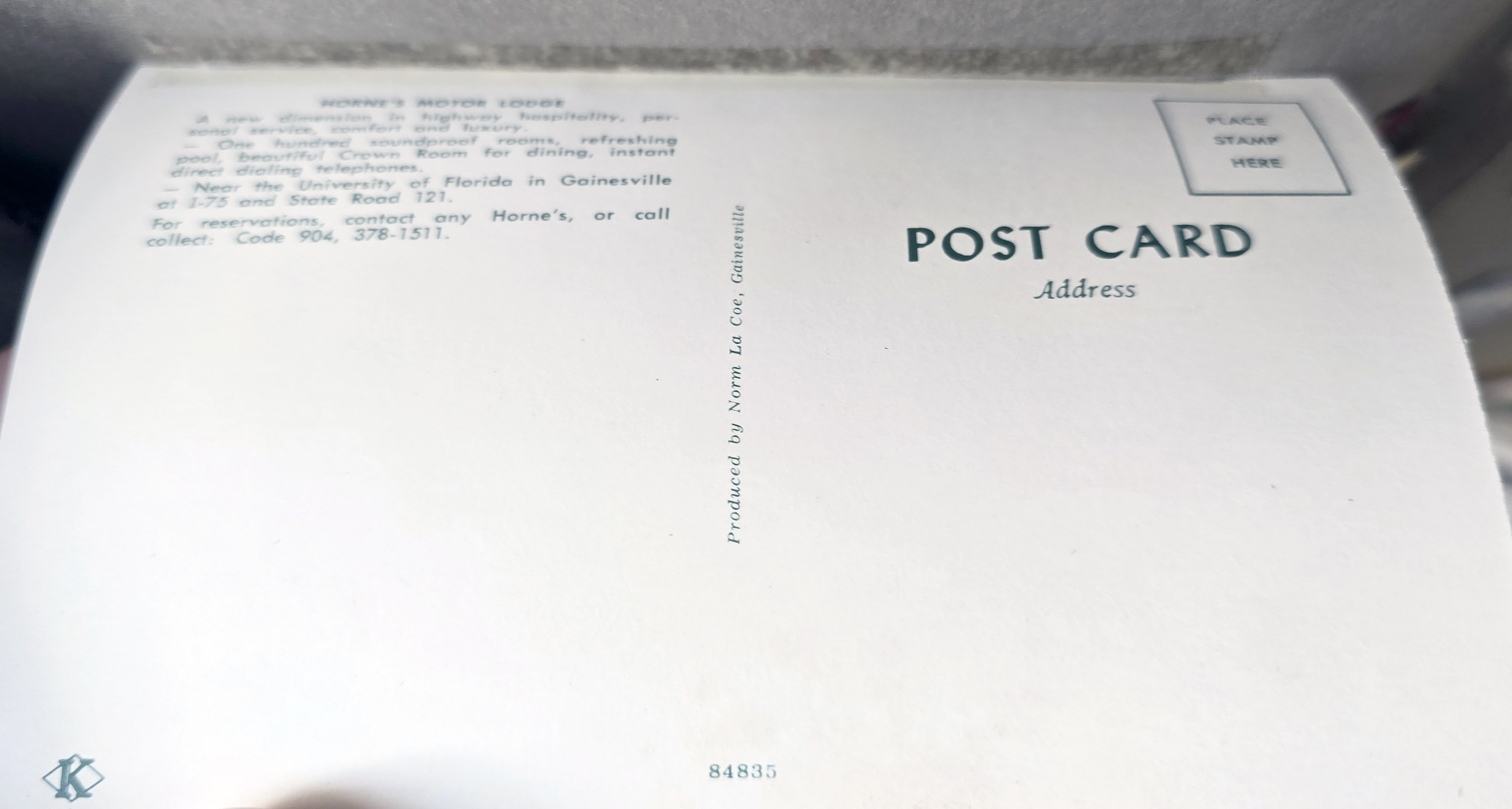 Postcard back 84835 - Horne's Motor Lodge - Gainesville, FL