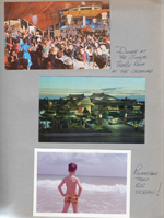 Postcard  S-59539-1 - The Castaways Shinto Temple dining room. Postcard FNC-4261 43987 - The Castaways, Miami. Alan in ocean, pondering.