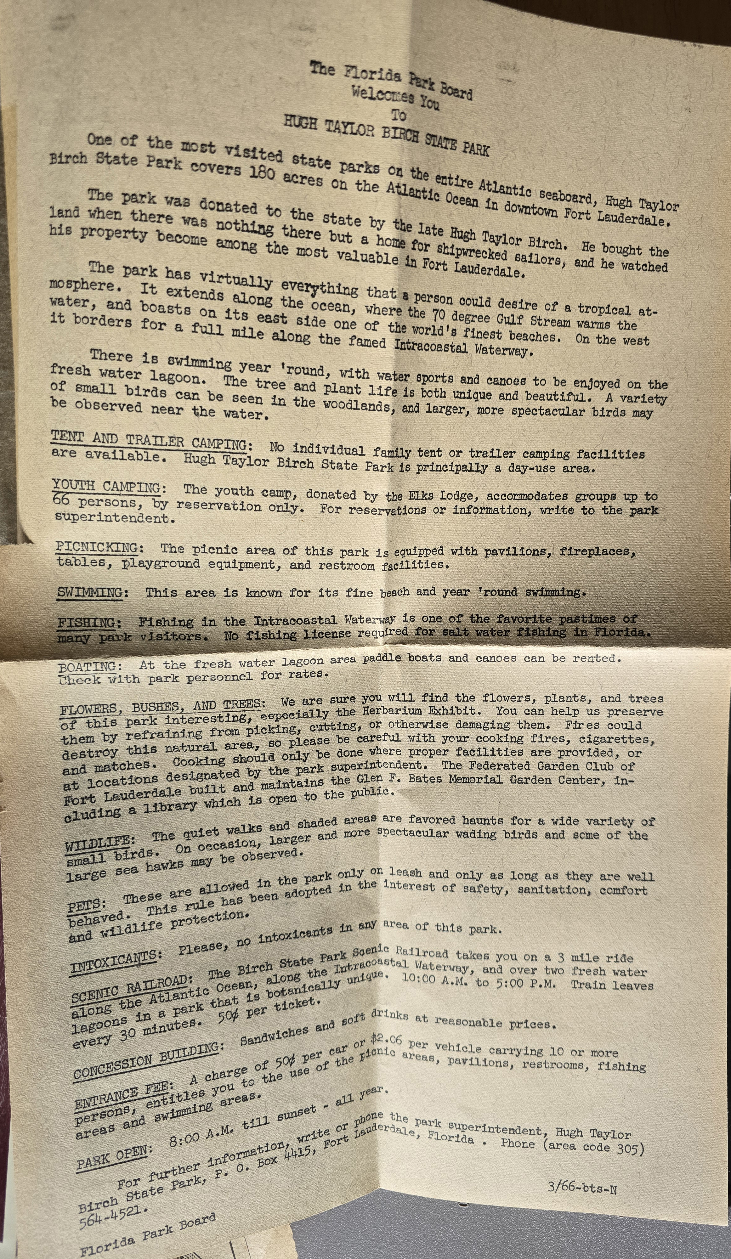 Hugh Taylor Birch State Park - Ft Lauderdale - welcome letter