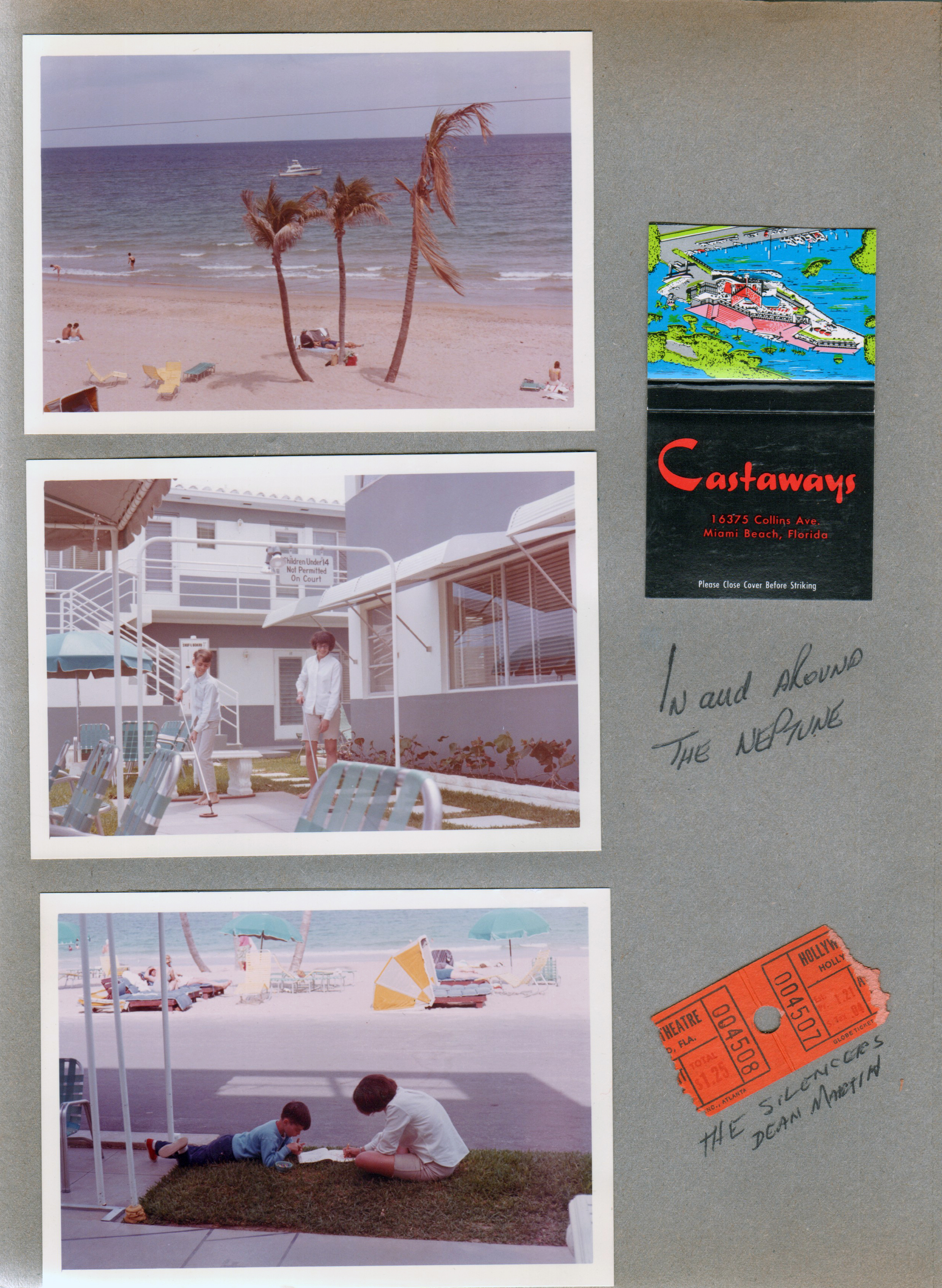 Hollywood Beach - Neptune Apartments - beach from sundeck. Susan shuffleboard. Alan and Susan near broadwalk. The Castaways matchbook. Hollywood Theatre ticket stub - The Silencers - Matt Helm