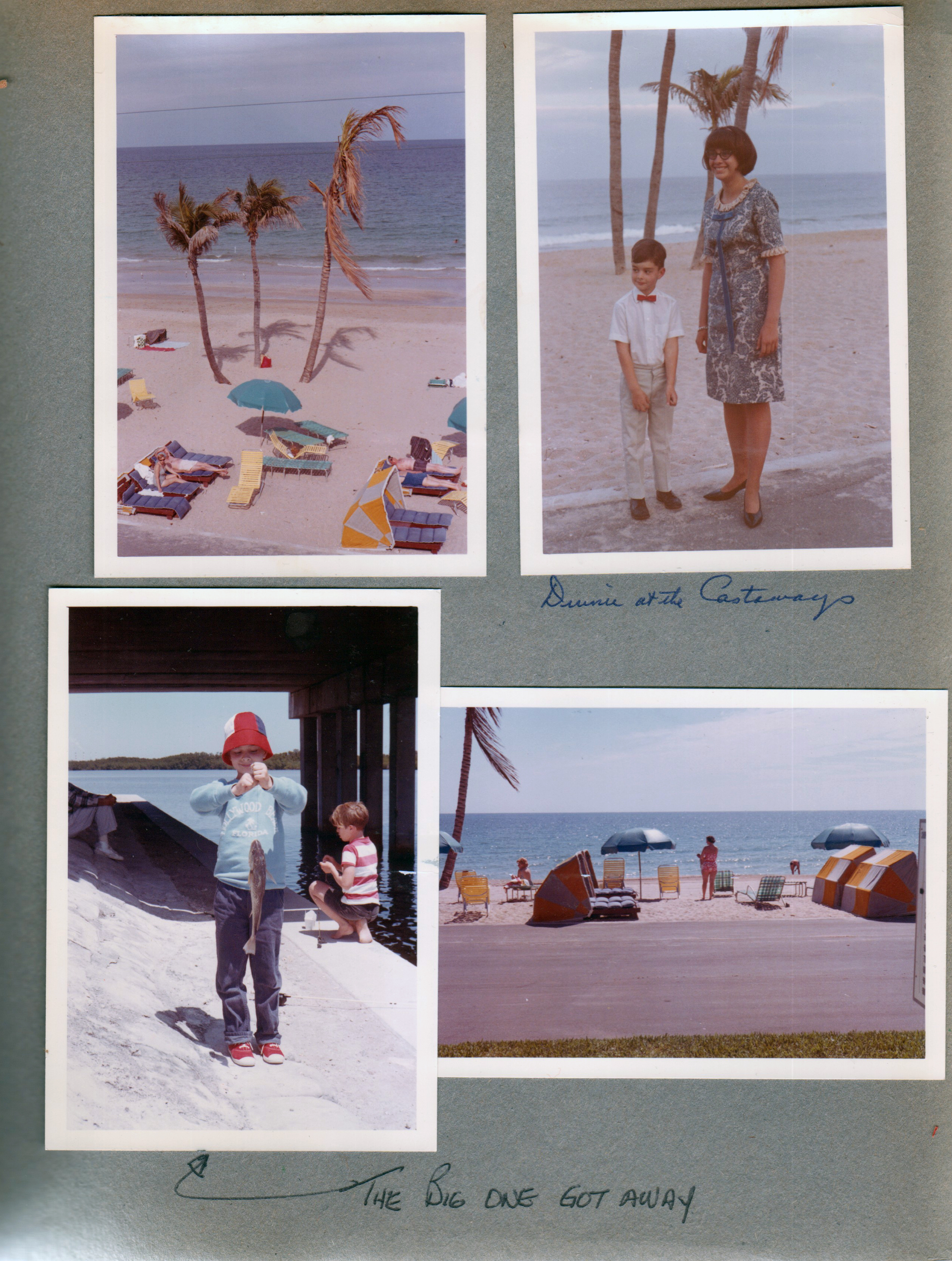 Hollywood Beach - Neptune Apartments - beach from sundeck. Susan and Alan dressed for dinner. Alan with fish under bridge.
