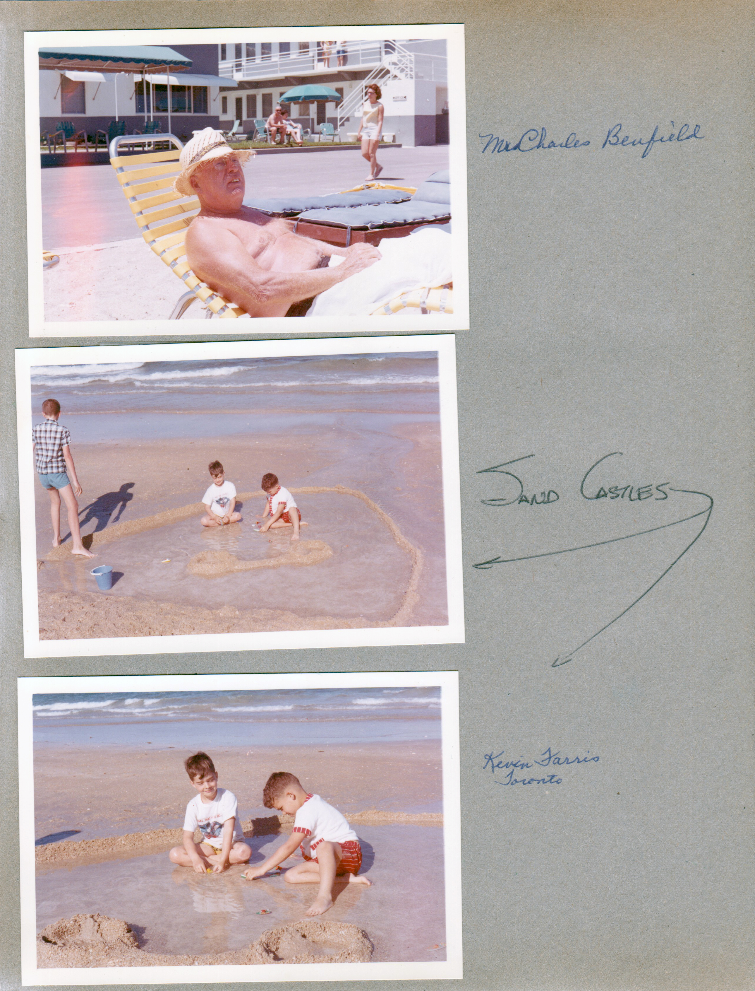 Hollywood Beach - Neptune Apartments - Charles Benfield in lounge on beach, Neptune behind. Alan and Kevin Farris of Toronto making sand castles