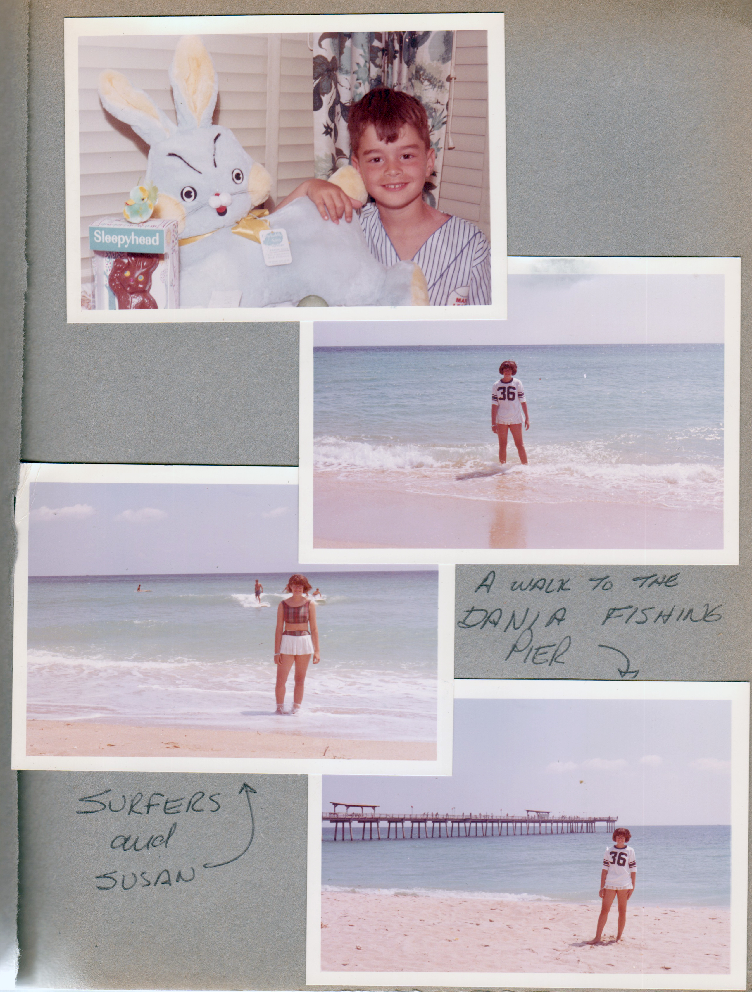 Hollywood Beach - Neptune Apartments - Alan with large plush Easter Bunny and chocolate bunny. Susan in ocean - walked to Dania Pier.