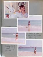 Hollywood Beach - Neptune Apartments - Alan with large plush Easter Bunny and chocolate bunny. Susan in ocean - walked to Dania Pier.