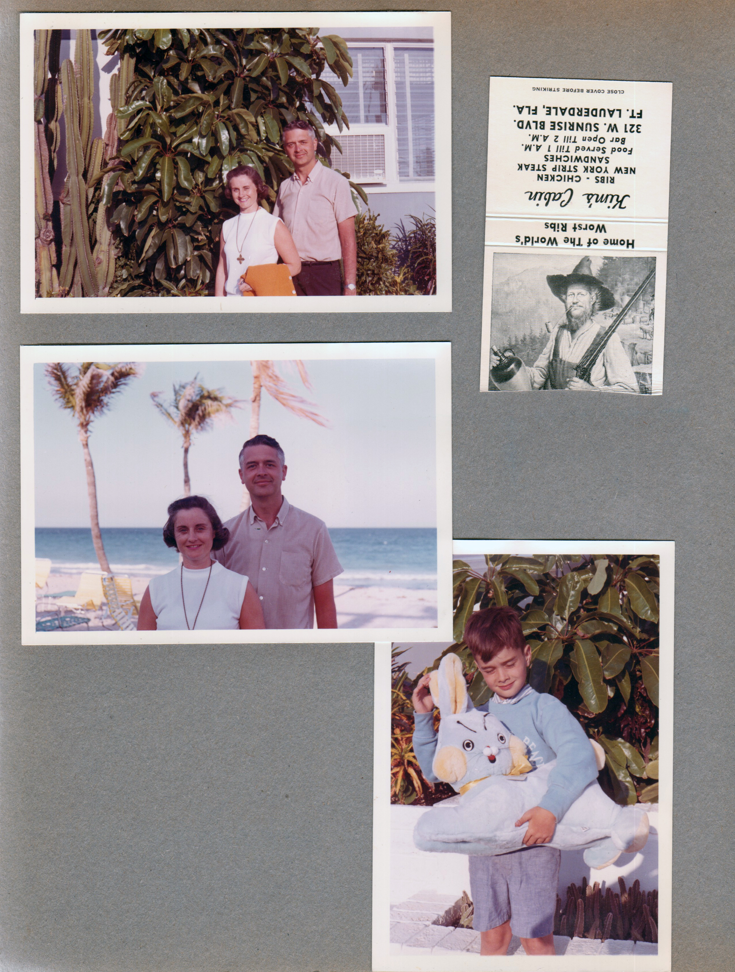 Hollywood Beach - Neptune Apartments - Rosemary and John on Surf Road by cactus. On broadwalk.  Alan with large plush Easter Bunny on Surf Road. Kim's Cabin matchbook.