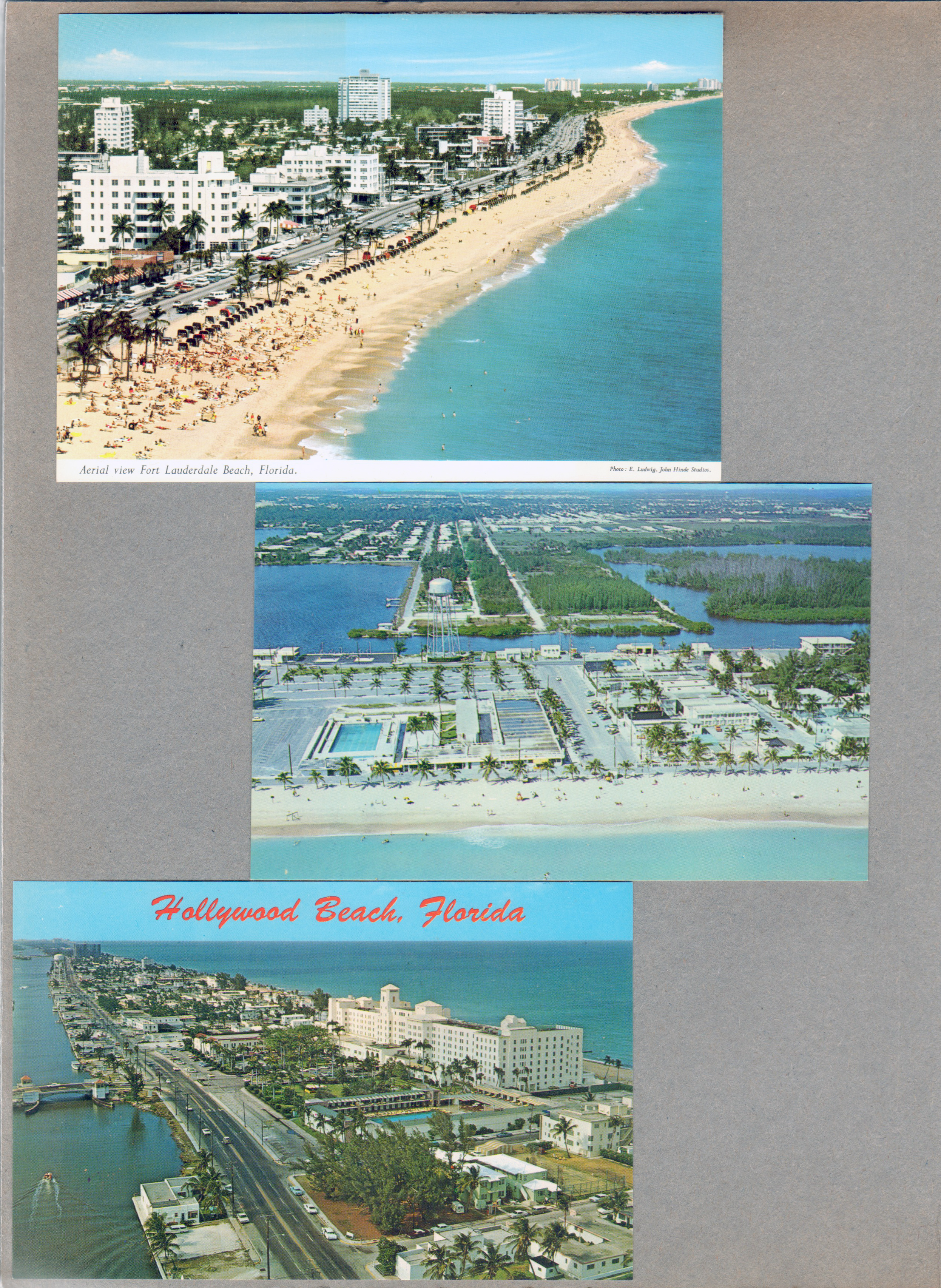 Postcard 2CX3 - Aerial view Fort Lauderdale Beach. Postcard FNC-4290 46363 - Looking west on Johnson Street, Hollywood-by-the-Sea, aerial. Postcard FNC 5113 87636 - Beautiful Hollywood Beach, Florida - Hollywood Beach Hotel - aerial looking north.