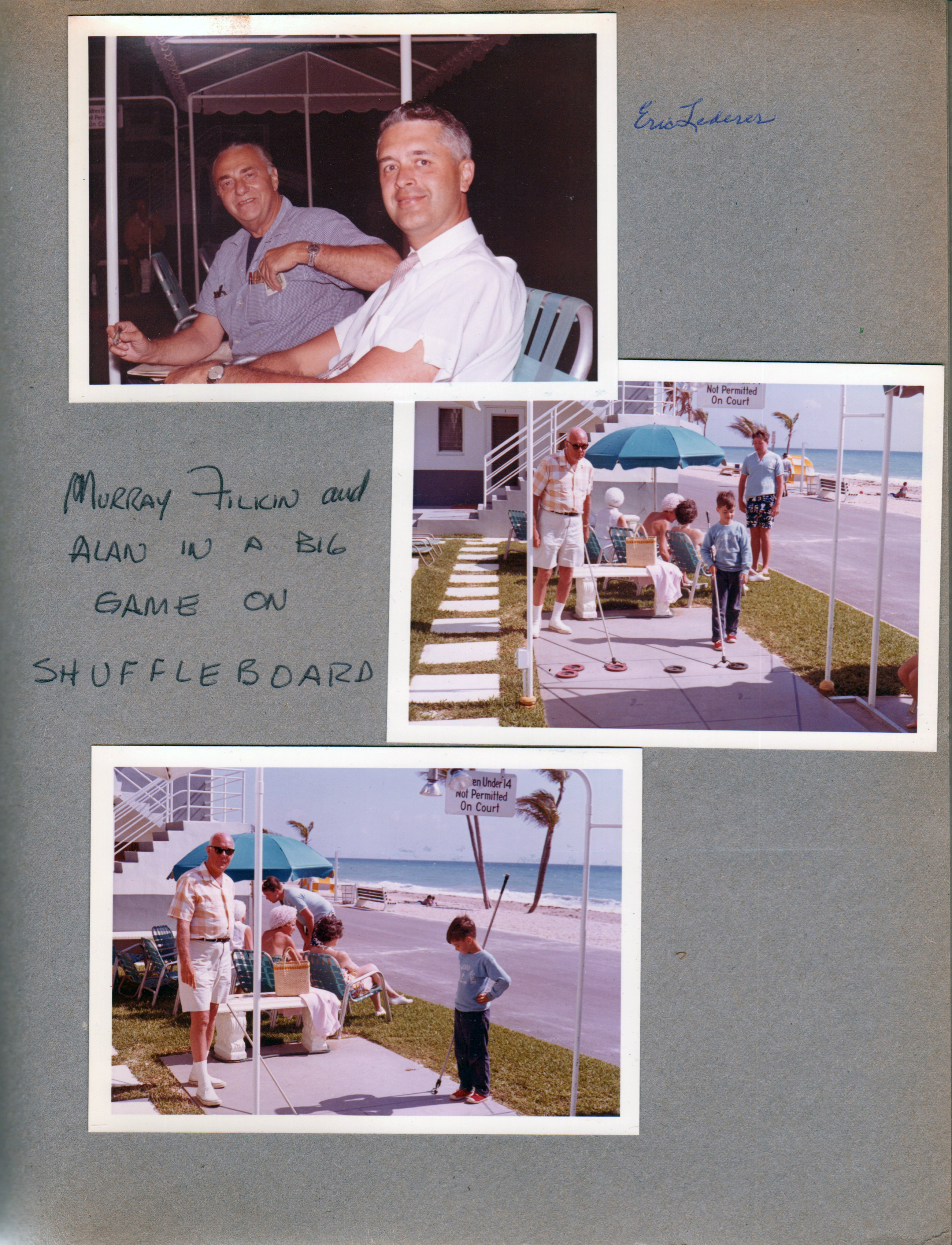 Hollywood Beach - Neptune Apartments - Eric Lederer and John in chairs along broadwalk. Murray Filkin and Alan shuffleboard.