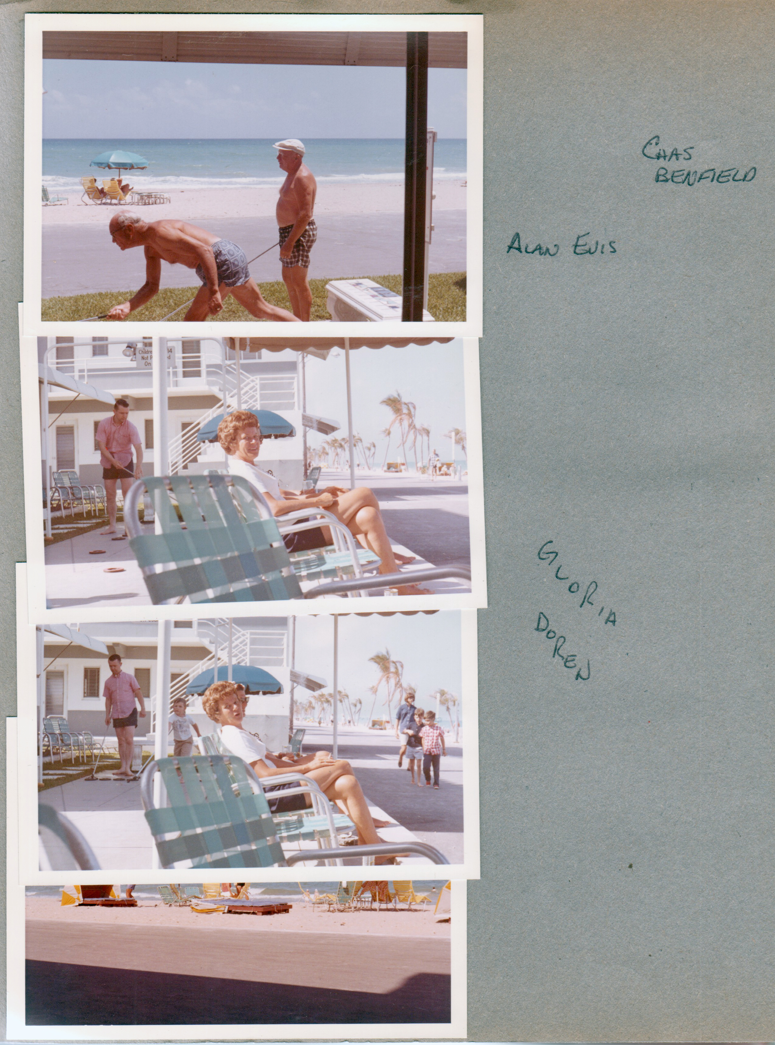 Hollywood Beach - Neptune Apartments - Alan Evis? and Charles Benfield playing shuffleboard. Gloria Doren in chair along broadwalk