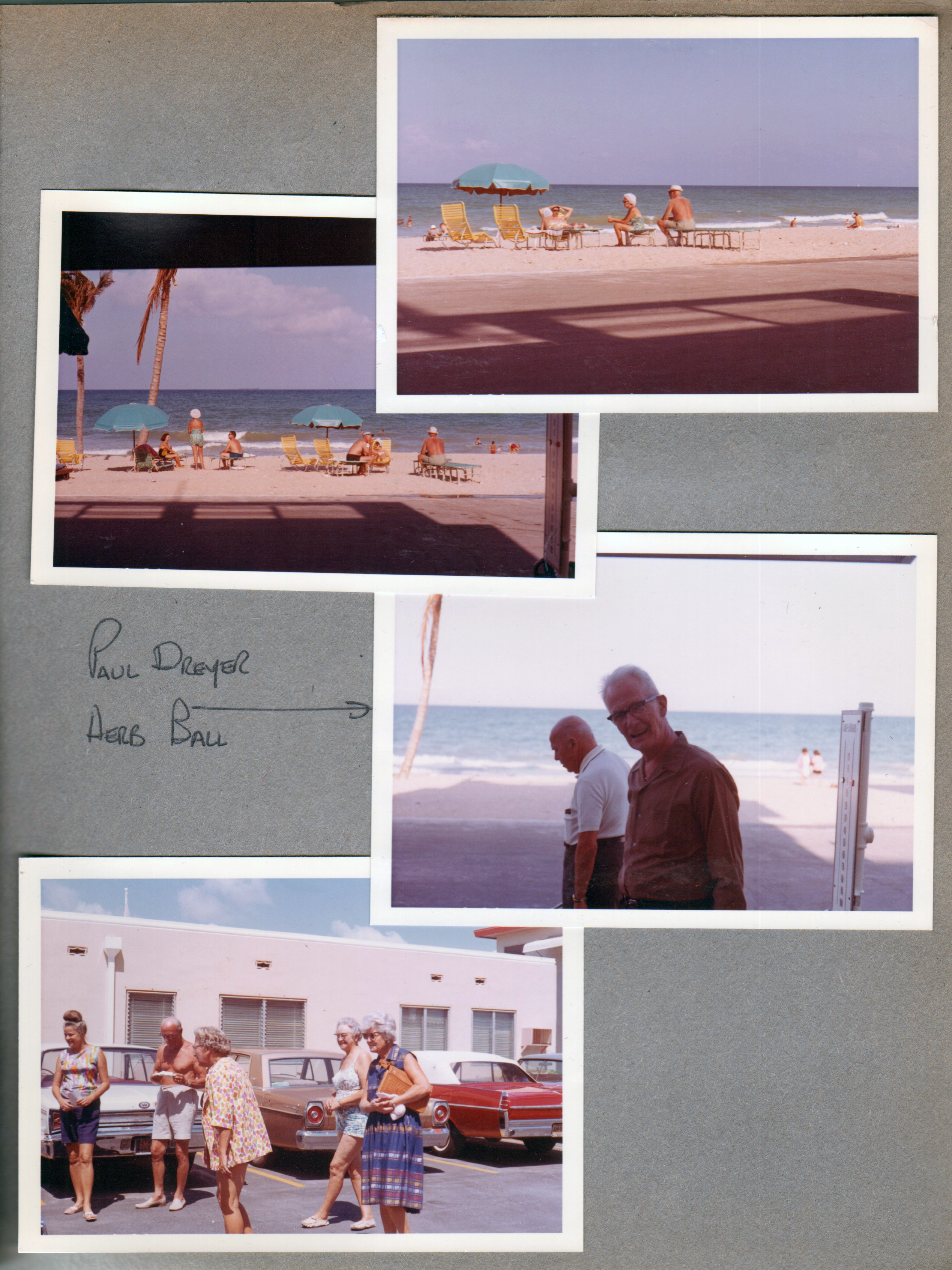 Hollywood Beach - Neptune Apartments - beach. Paul Dryer and Herb Ball. Lots of people in parking lot with Irma Davis (left).