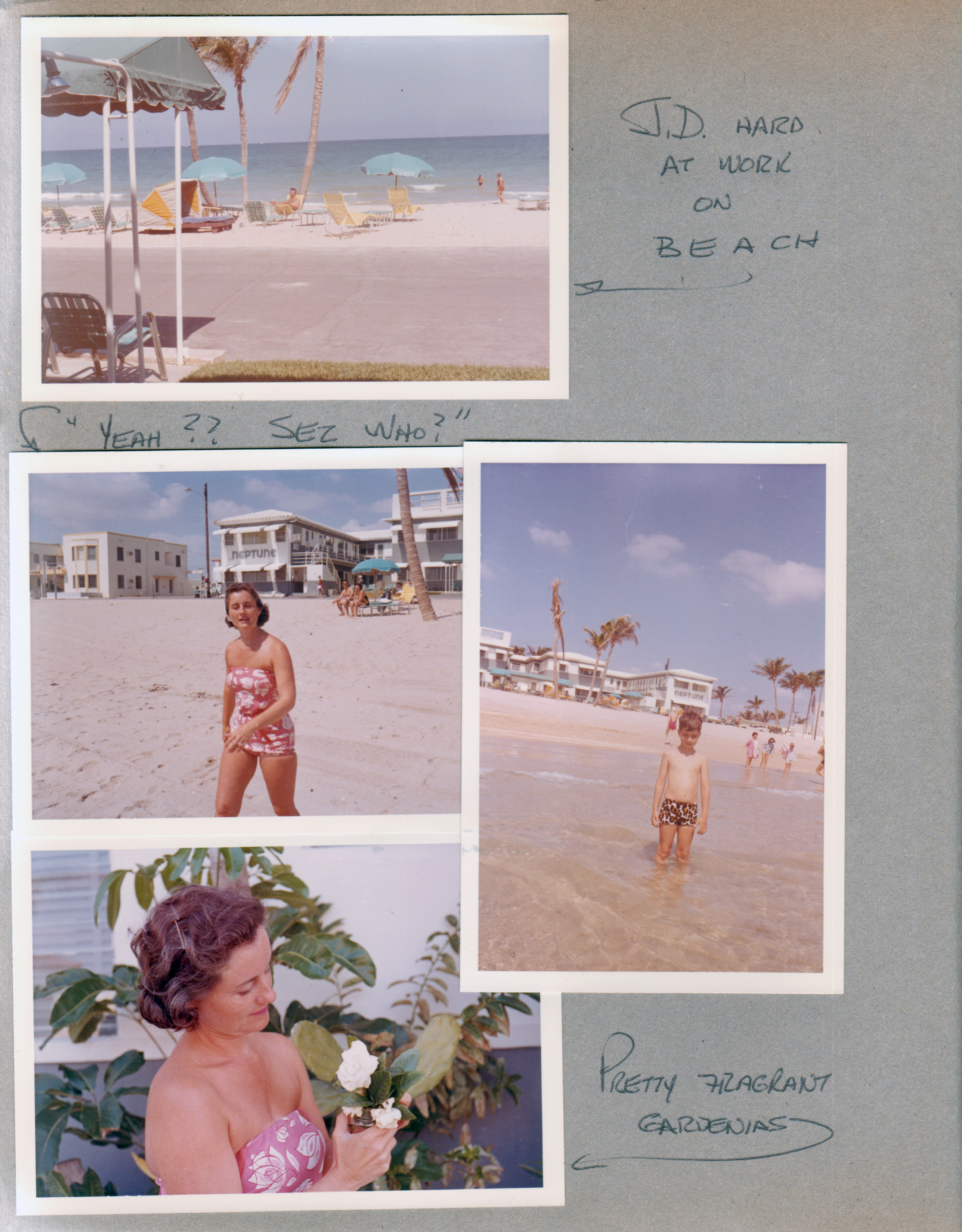 Hollywood Beach - Neptune Apartments - John D on beach in lounge. Rosemary on beach. Alan in water, Neptune behind. Gardenia on Surf Road.