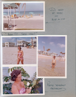 Hollywood Beach - Neptune Apartments - John D on beach in lounge. Rosemary on beach. Alan in water, Neptune behind. Gardenia on Surf Road.