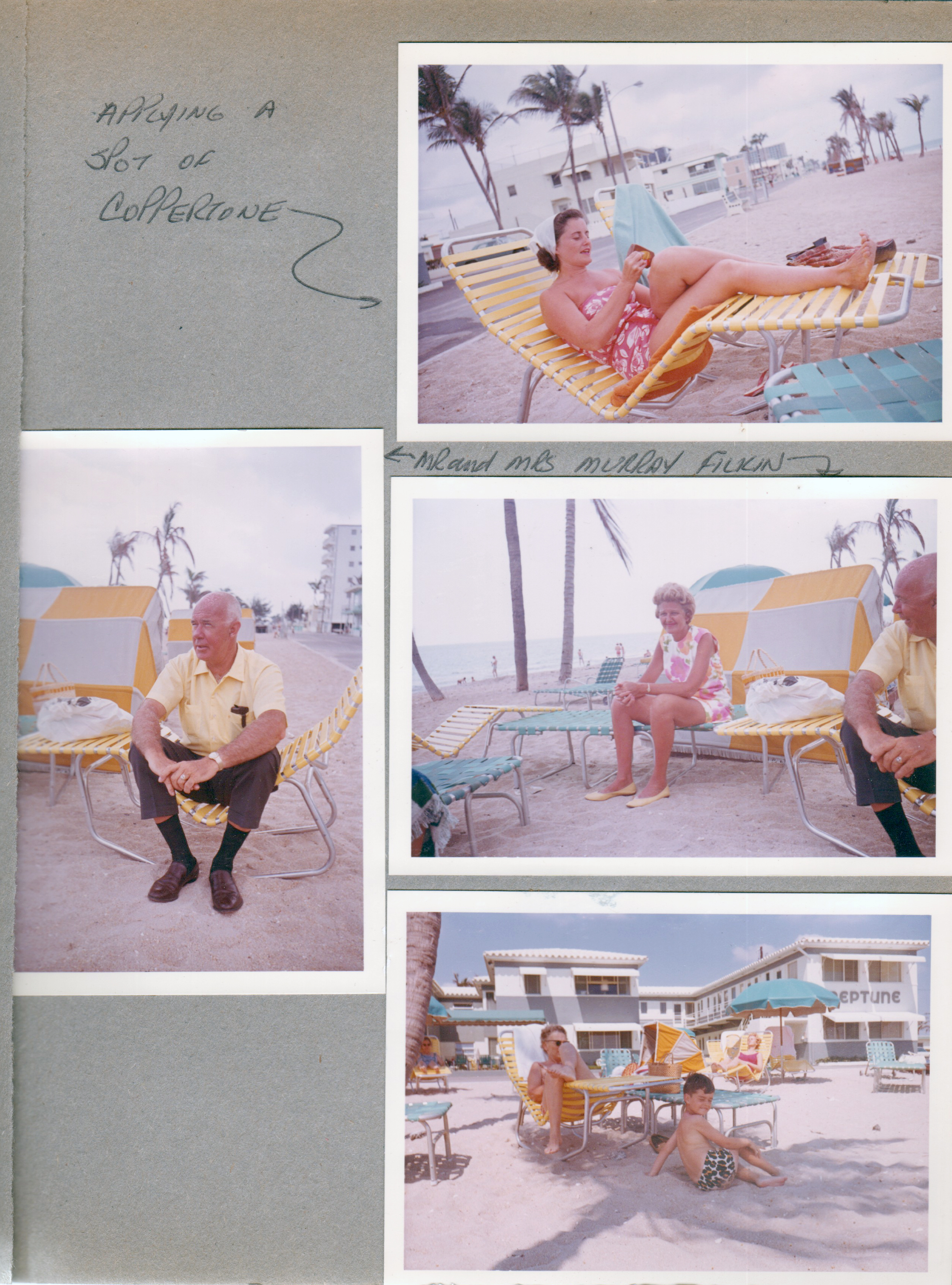 Hollywood Beach - Neptune Apartments - Rosemary - Coppertone. Mr and Mrs Murray Filkin. Alan on beach in shade of palm