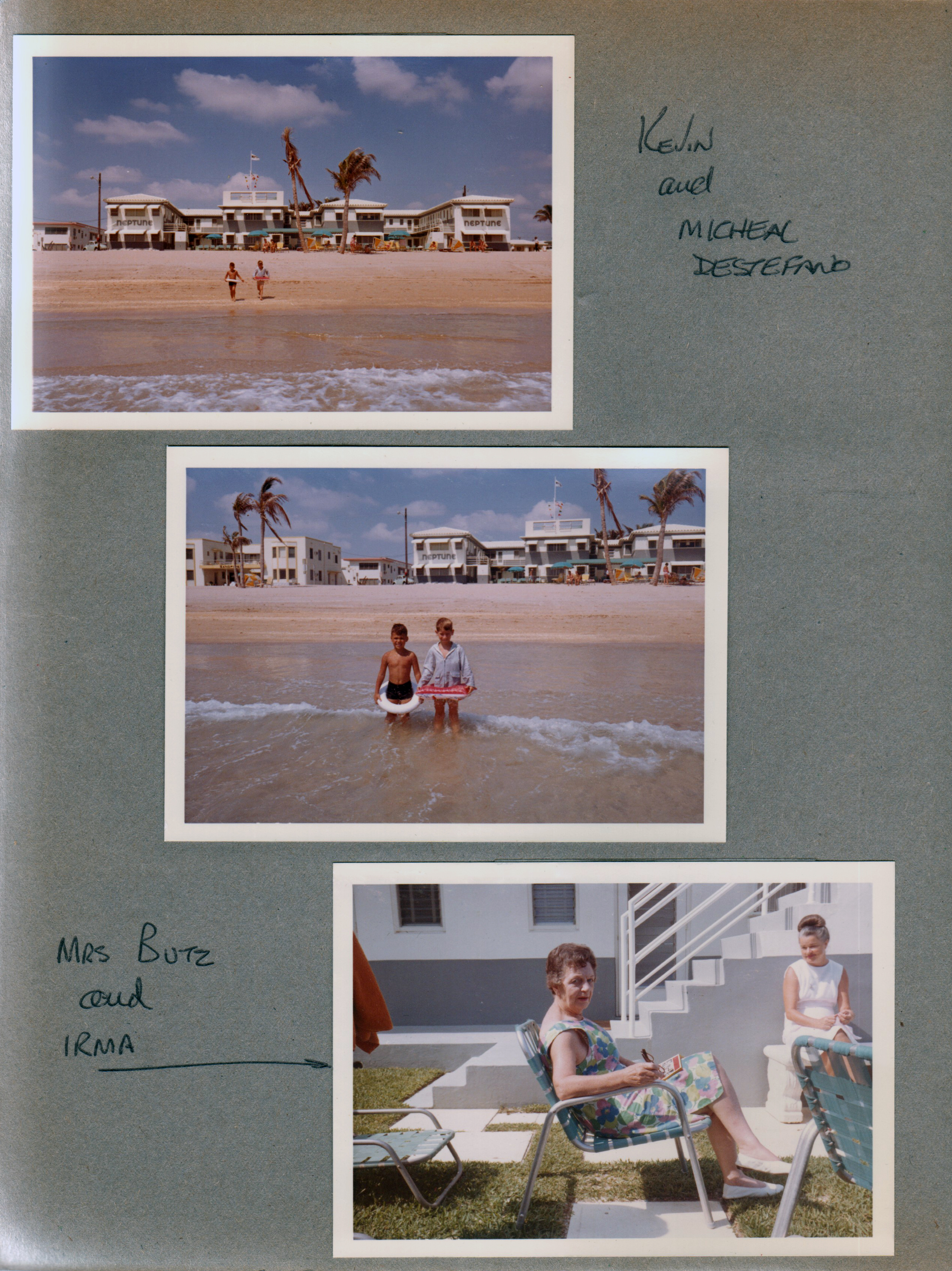Hollywood Beach - Neptune Apartments - Kevin and Micheal Destefano on beach, Neptune behind. Mrs Butz and Irma Davis in courtyard.