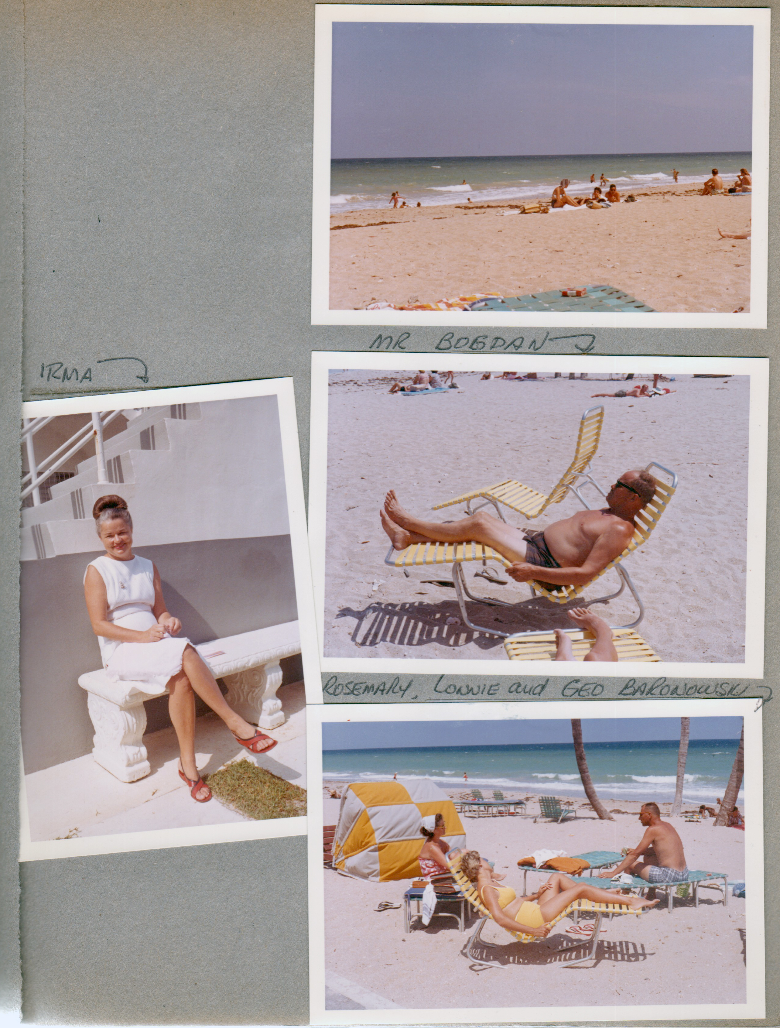 Hollywood Beach - Neptune Apartments - beach - Irma Davis on bench. Rosemary, Lonnie and George Baronowski in lounges.