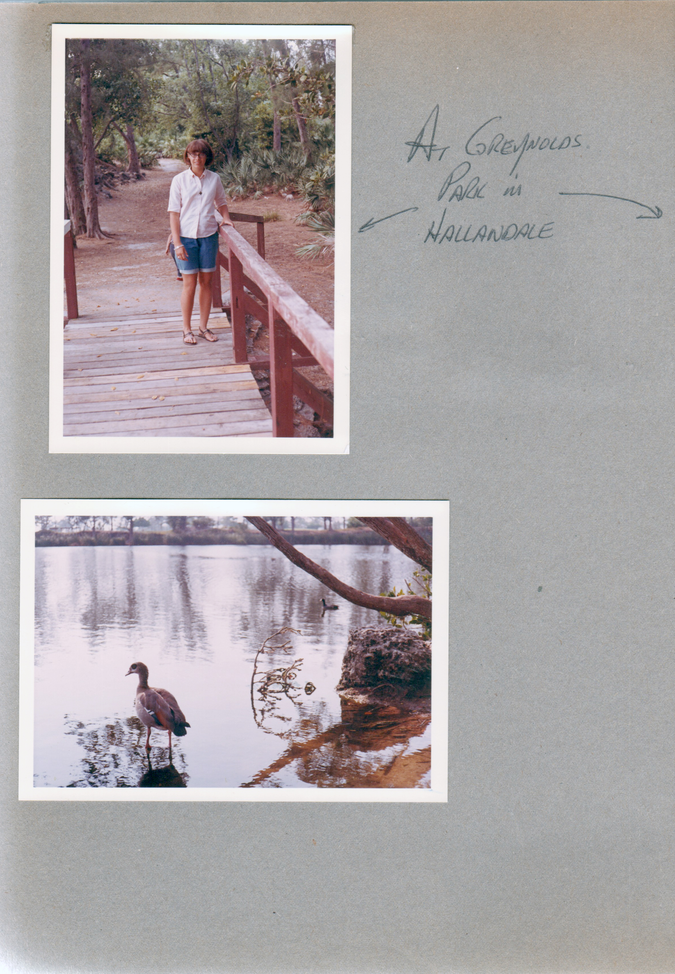 Susan on walkway at Greynolds Park in Hallandale. Bird.