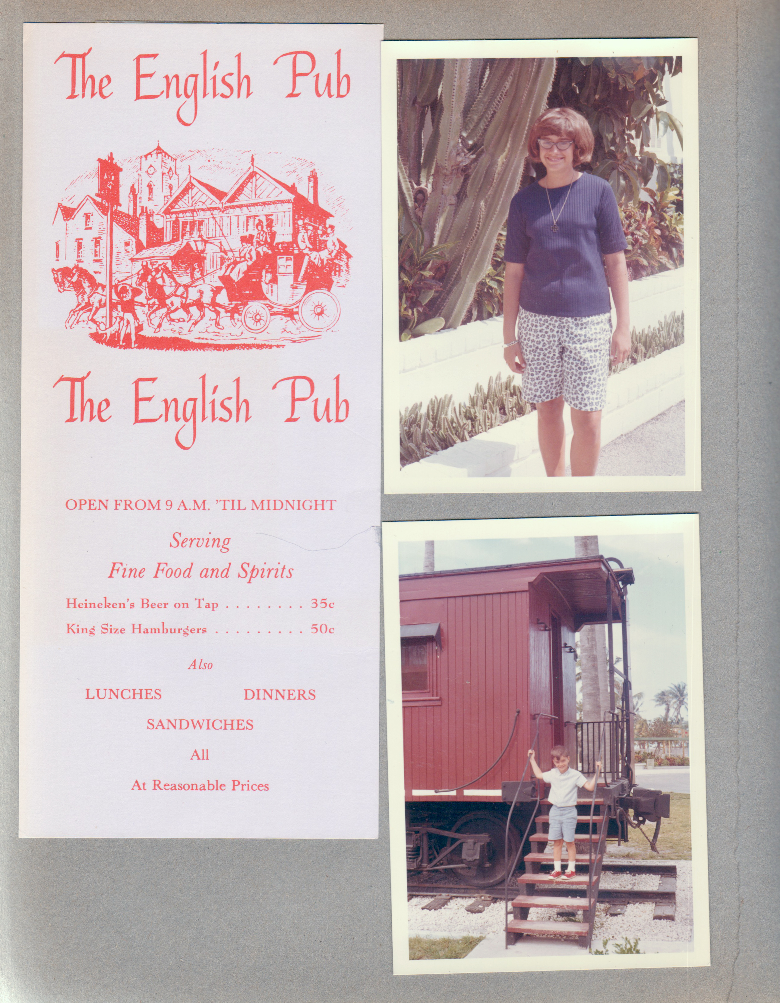 The English Pub menu. Susan on Surf Road by cactus. Alan on red caboose.
