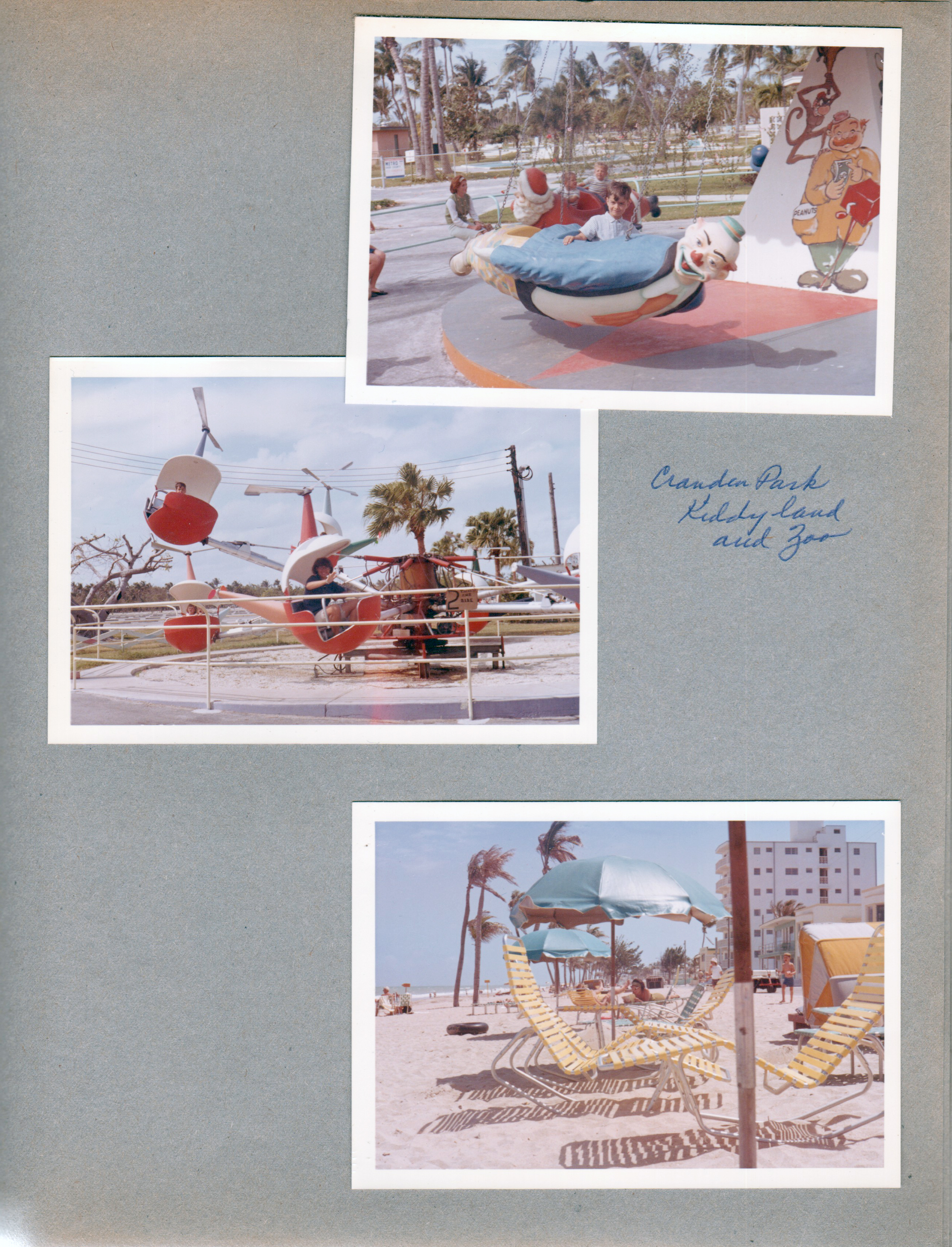 Crandon Park Playland - Alan on clown ride. Susan on helicopter ride. Hollywood Beach - Neptune Apartments - beach lounge chairs