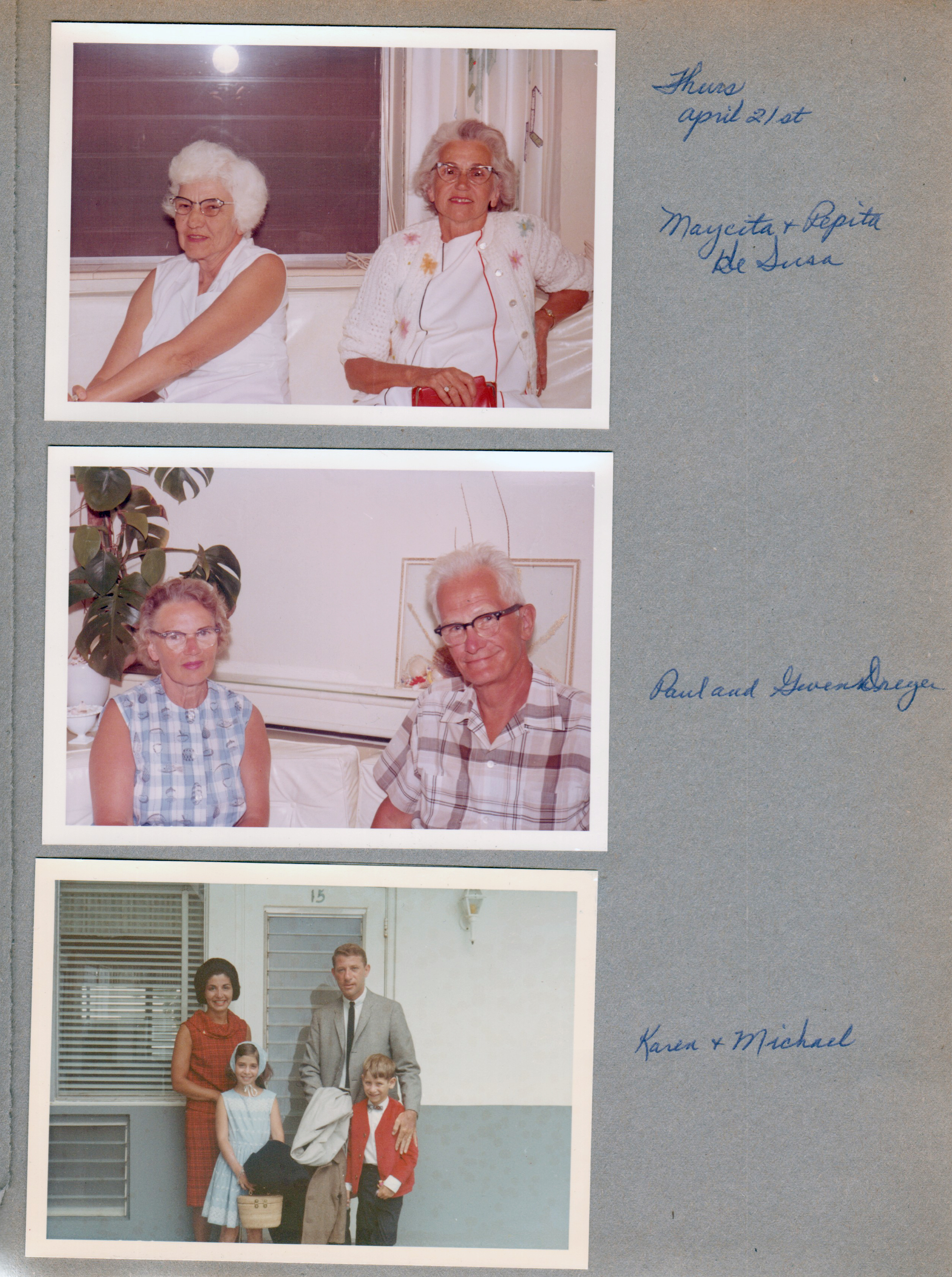 Hollywood Beach - Neptune Apartments - Mayceta and Pepita De Susa in apartment. Paul and Gwen Dreyer. Karen and Michael at door of apartment 15.