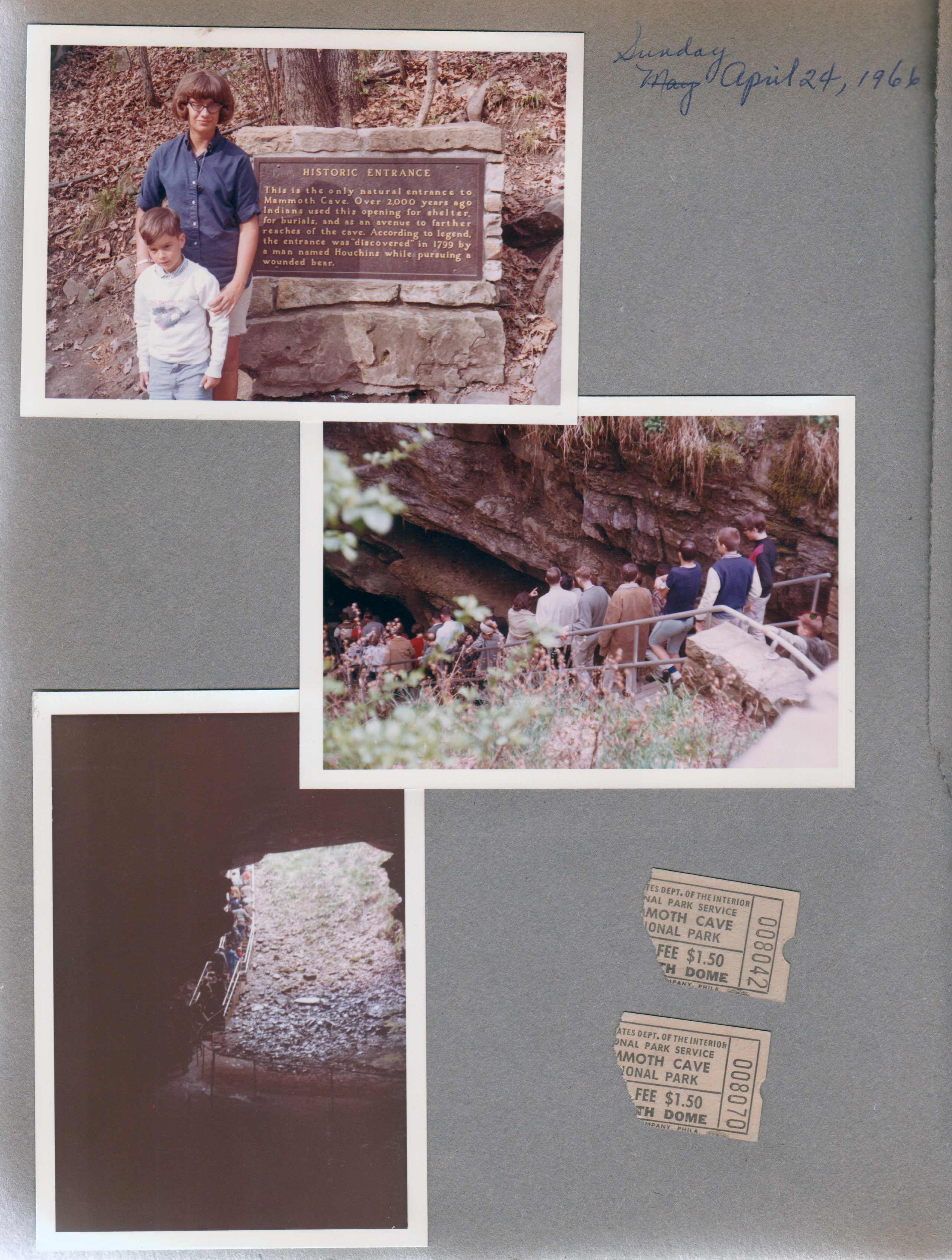 Mammoth Cave, KY - Alan and Susan at marker. Steps into cave. ticket stubs.