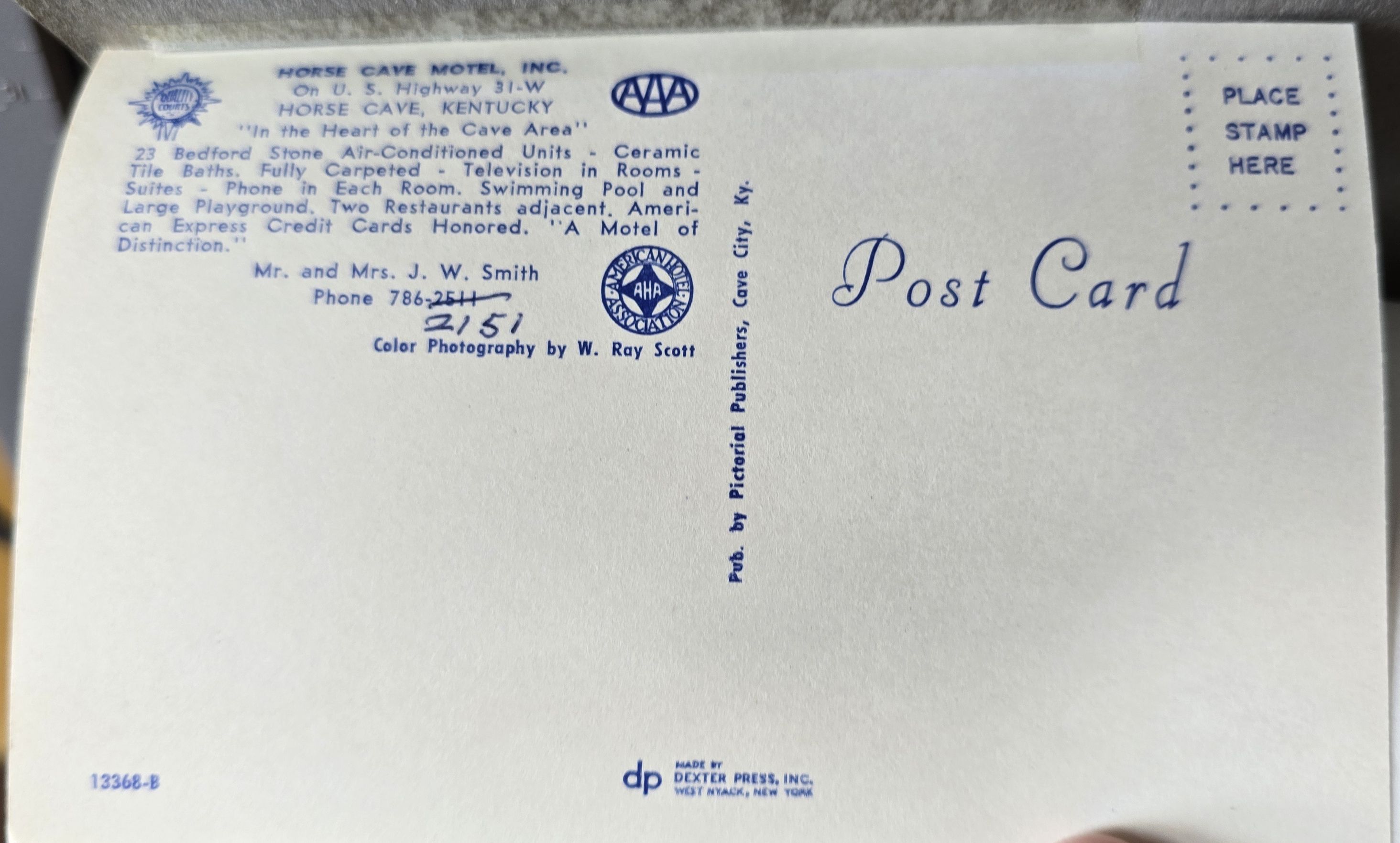 Postcard back 13368-B - Horse Cave Motel, Horse Cave, KY.