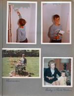 6122 - Alan painting inside of playhouse. Alan at Rhododendron - merry-go-round behind. Becky and Paula Meadors.