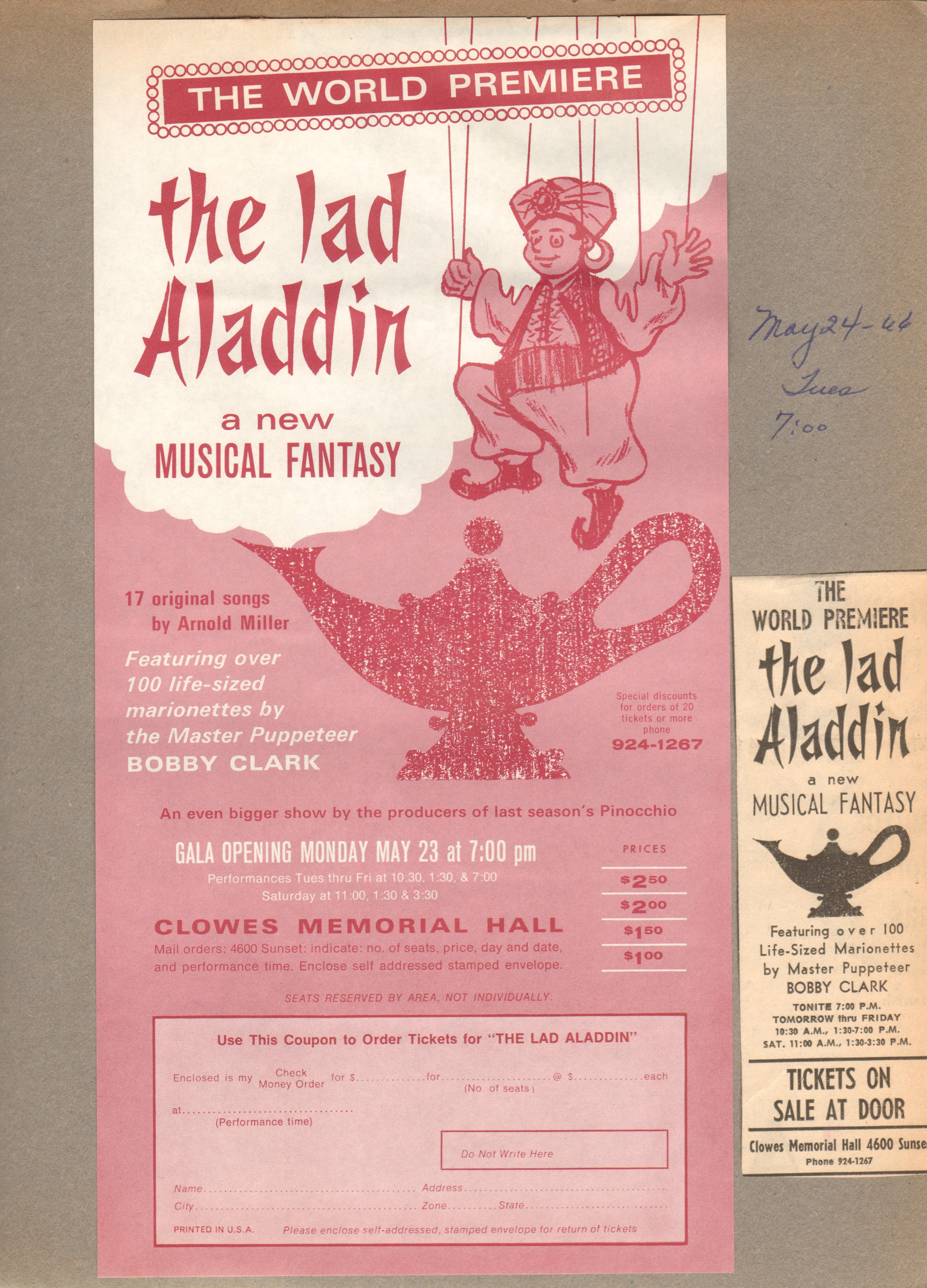 The Lad Aladdin - Clowes Hall flyer and newspaper clipping.