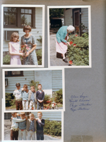 6122 on driveway - Susie Tuck and Susan with flowers. Vonnie looking at poppies. Alan (Batman mask), Ronald Adams, Chip Walker and Roger Watson.