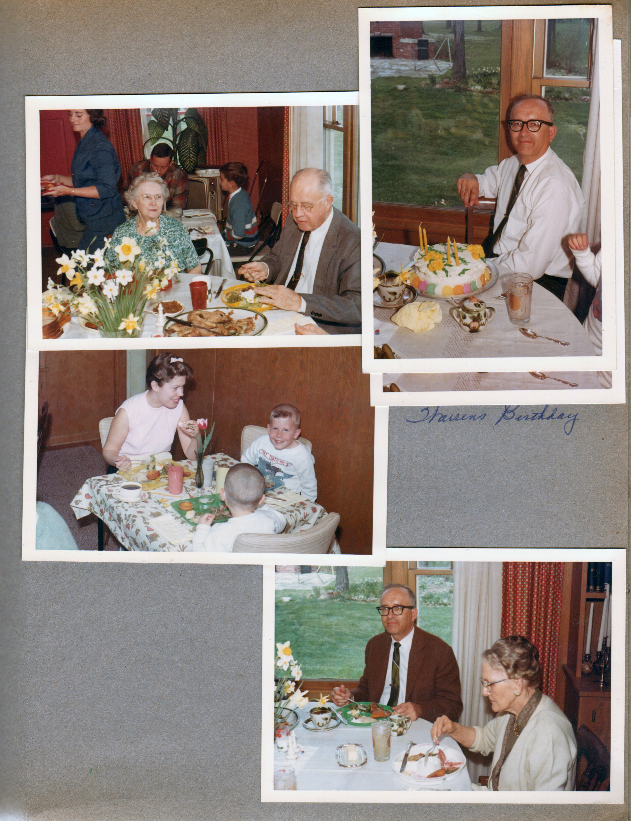 looks like Warren's house in Kokomo - Warren's birthday - Rosemary, Vonnie, Dave, Alan, Curt. Warren with cake. Betty and Ronnie, Kenny. Warren and Sara's mother.