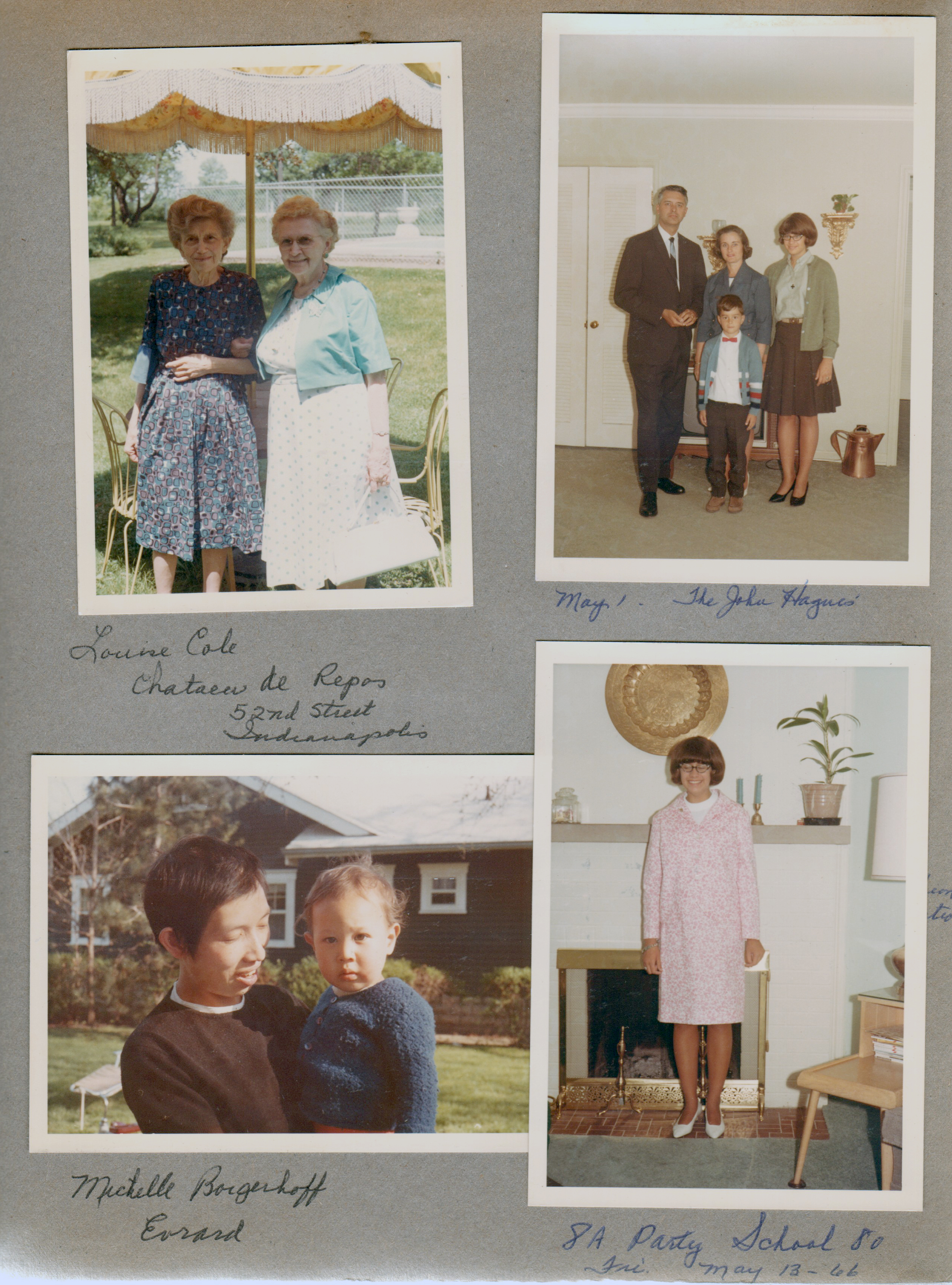 Louise Cole and Vonnie under umbrella at Chateau de Repos 52nd Street. looks like Warren's house in Kokomo - John, Alan, Susan, Rosemary in living room. 6122 yard Michele Borgerhoff and Evrard. 6122 mantle - Susan dressed for 8A Party for School 80.