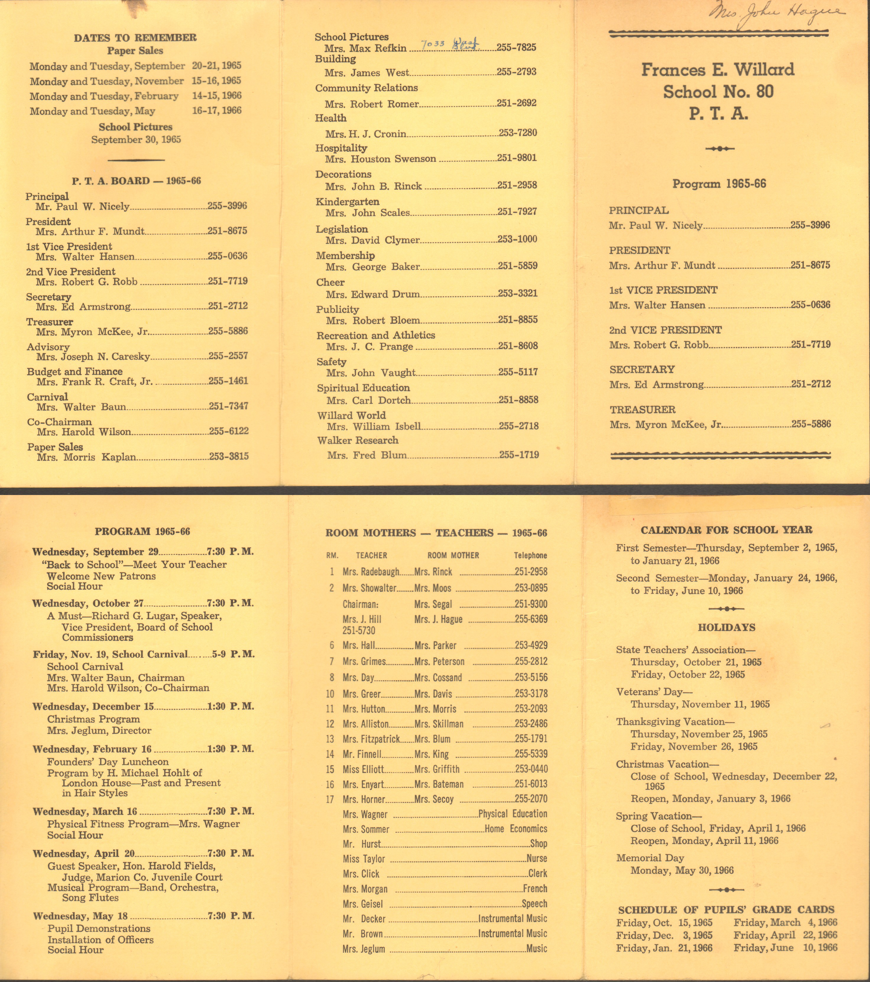 Frances E. Willard School 80 PTA program 1965-1966. 