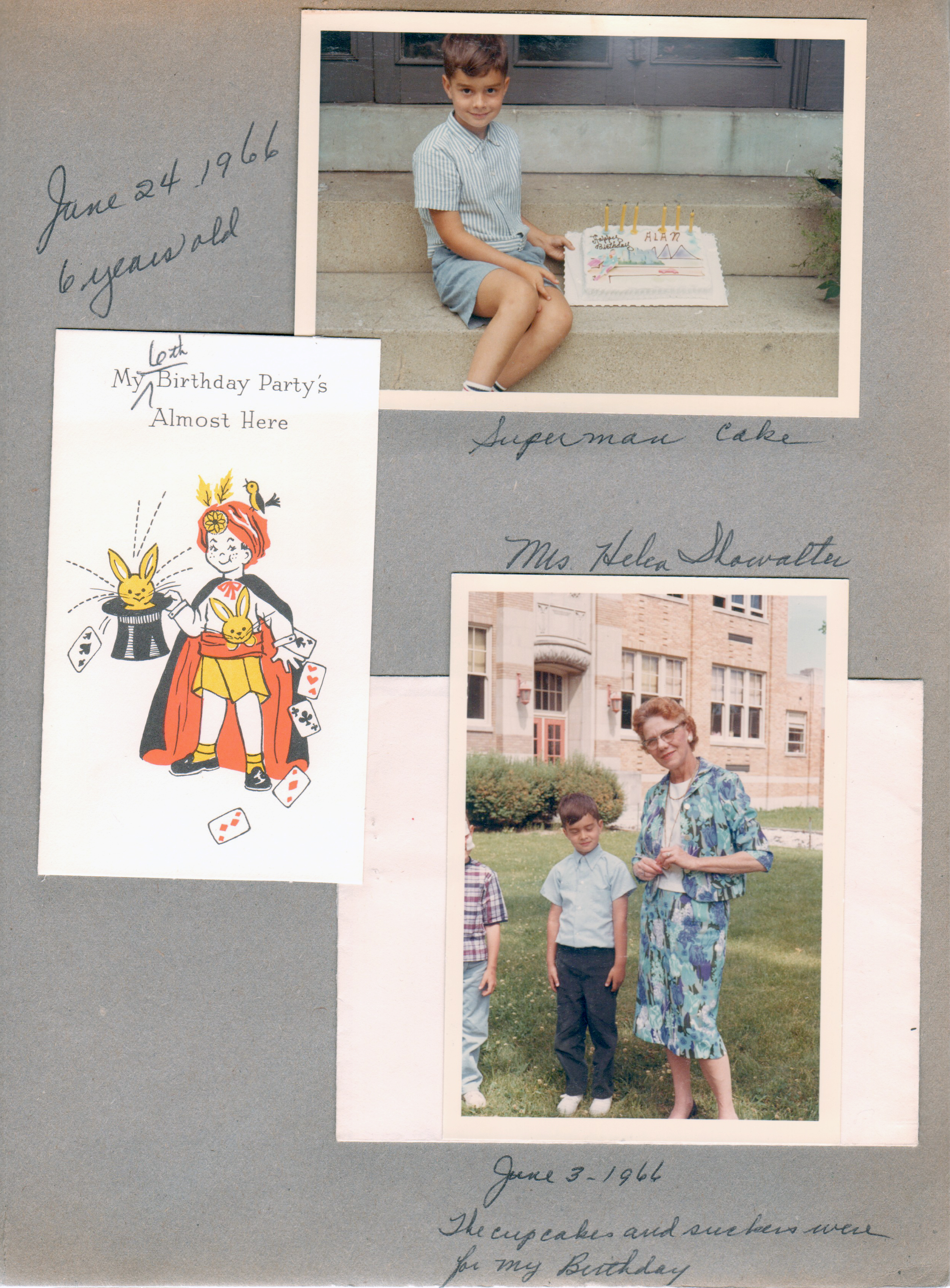 Alan 6 years old - Superman Roselyn cake on 6122 steps. Invitation. Alan with kindergarten teacher Mrs Helen Showalter in front of School 80.