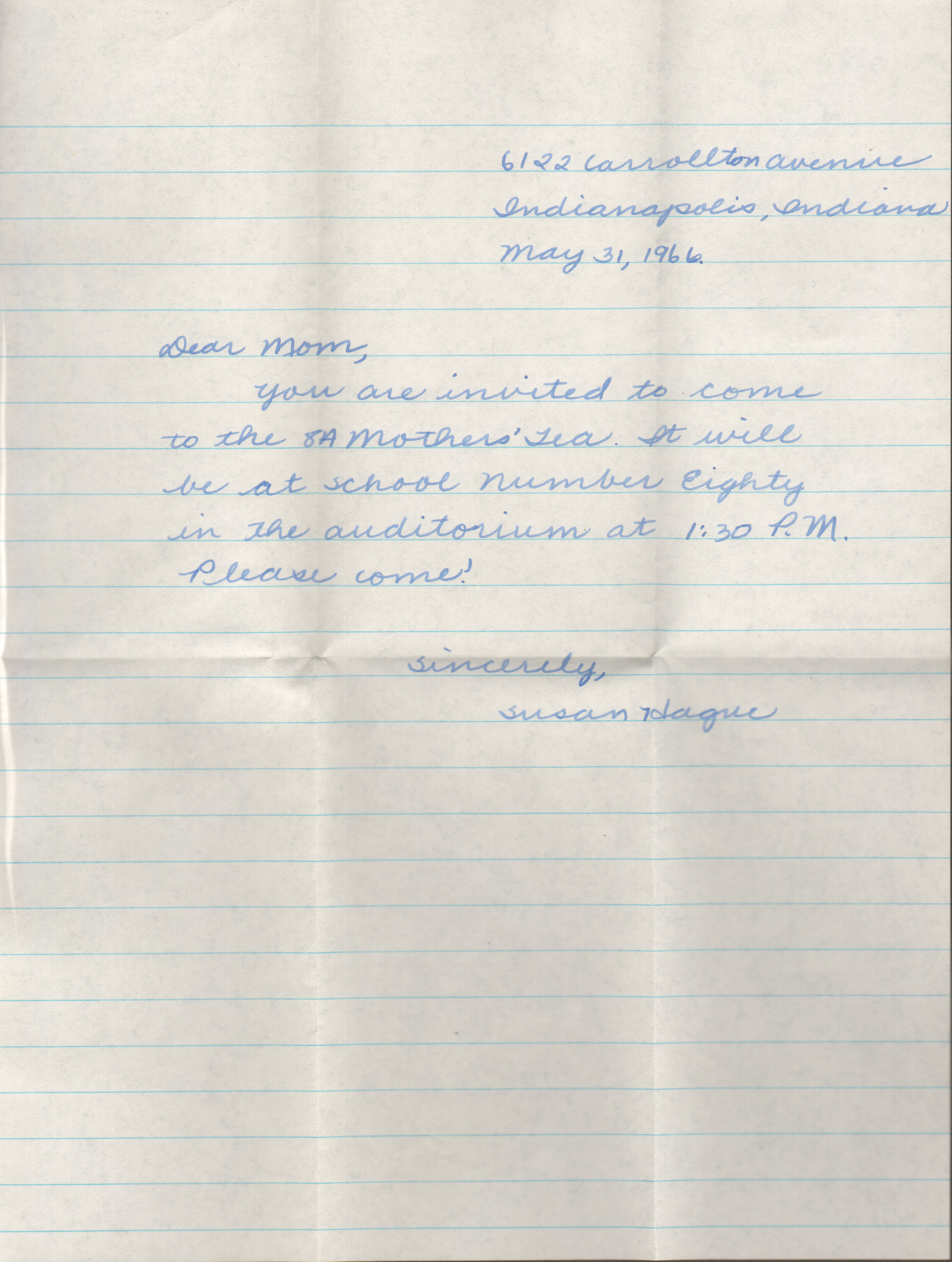 Letter from Susan inviting to School 80 Mothers' Tea.
