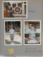 Alan on 612 porch with birthday bow and arrow. In yard by porch. Vonnie's birthday - Vonnie and Kenny with cake in yard. Ticket stub Nora Theatre - The Ugly Dachshund and Winnie the Pooh. 