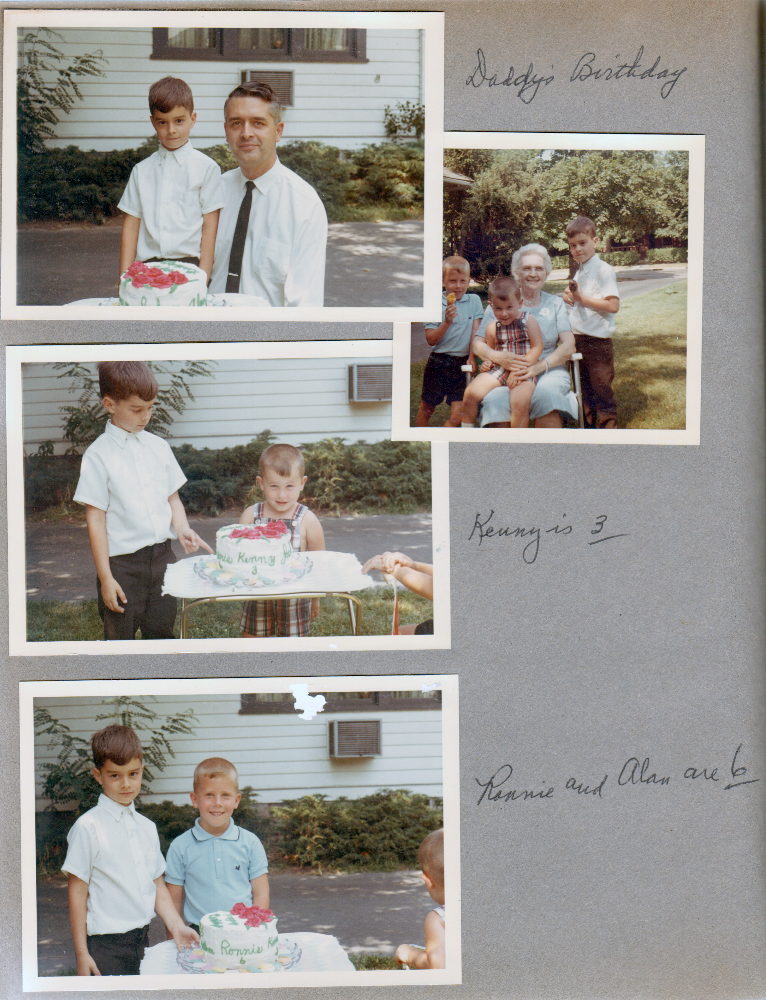 Birthdays - John and Alan in yard 6122. Ronnie, Kenny, Vonnie and Alan. Alan and Kenny, Alan and Ronnie.