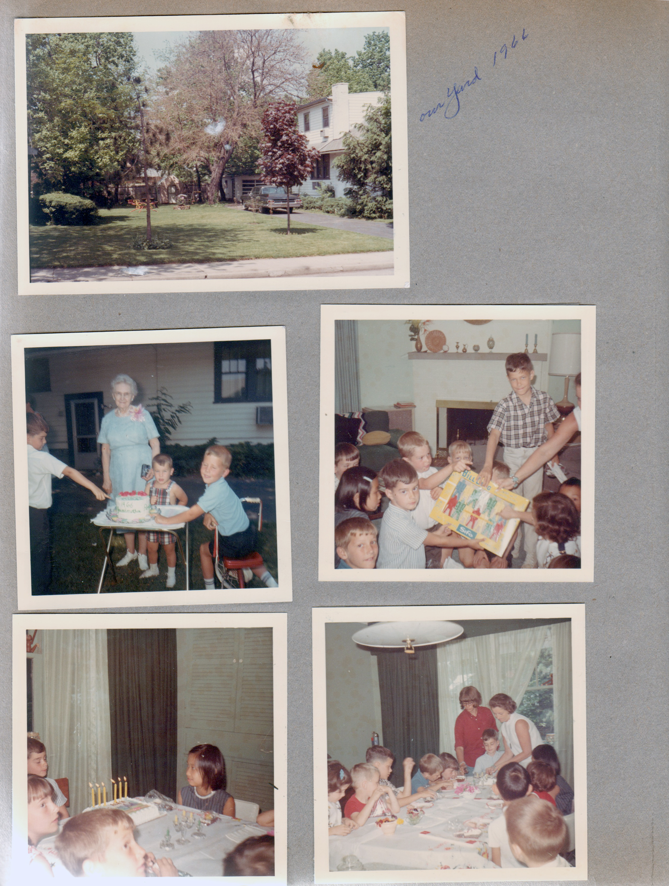 6122 yard from across the street. 6122 yard - Alan, Vonnie, Kenny and Ronnie with cake. Alan's birthday party in living room 6122 - Sifo Bill Ding man puzzle - Tim Panyard, Barbara Chaillard, Teddy Bennett, Mike Lobraico (standing), Alan. In dining room. Barbara Chaillard.
