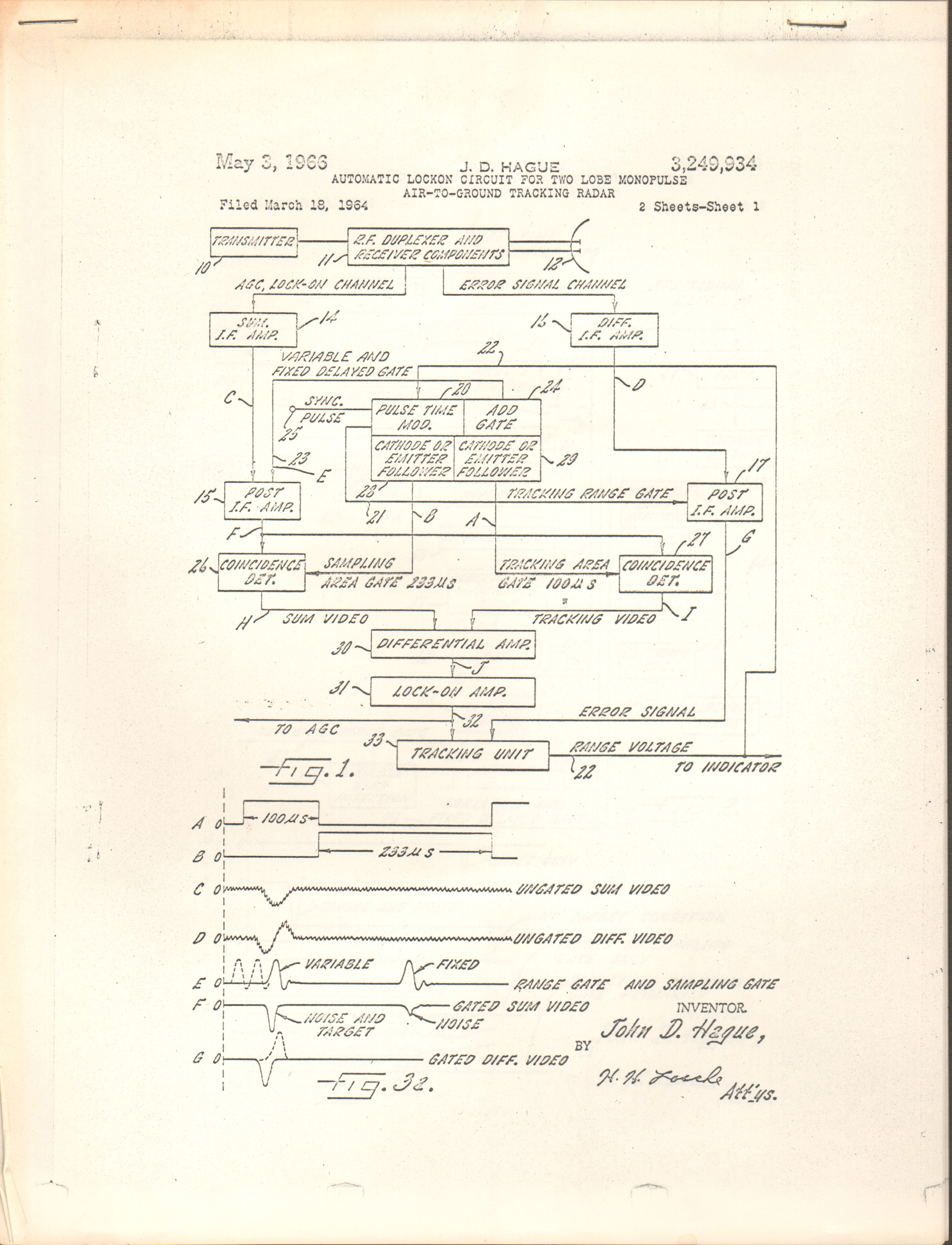 JD Hague patent 3,249,934 Lockon radar tracking