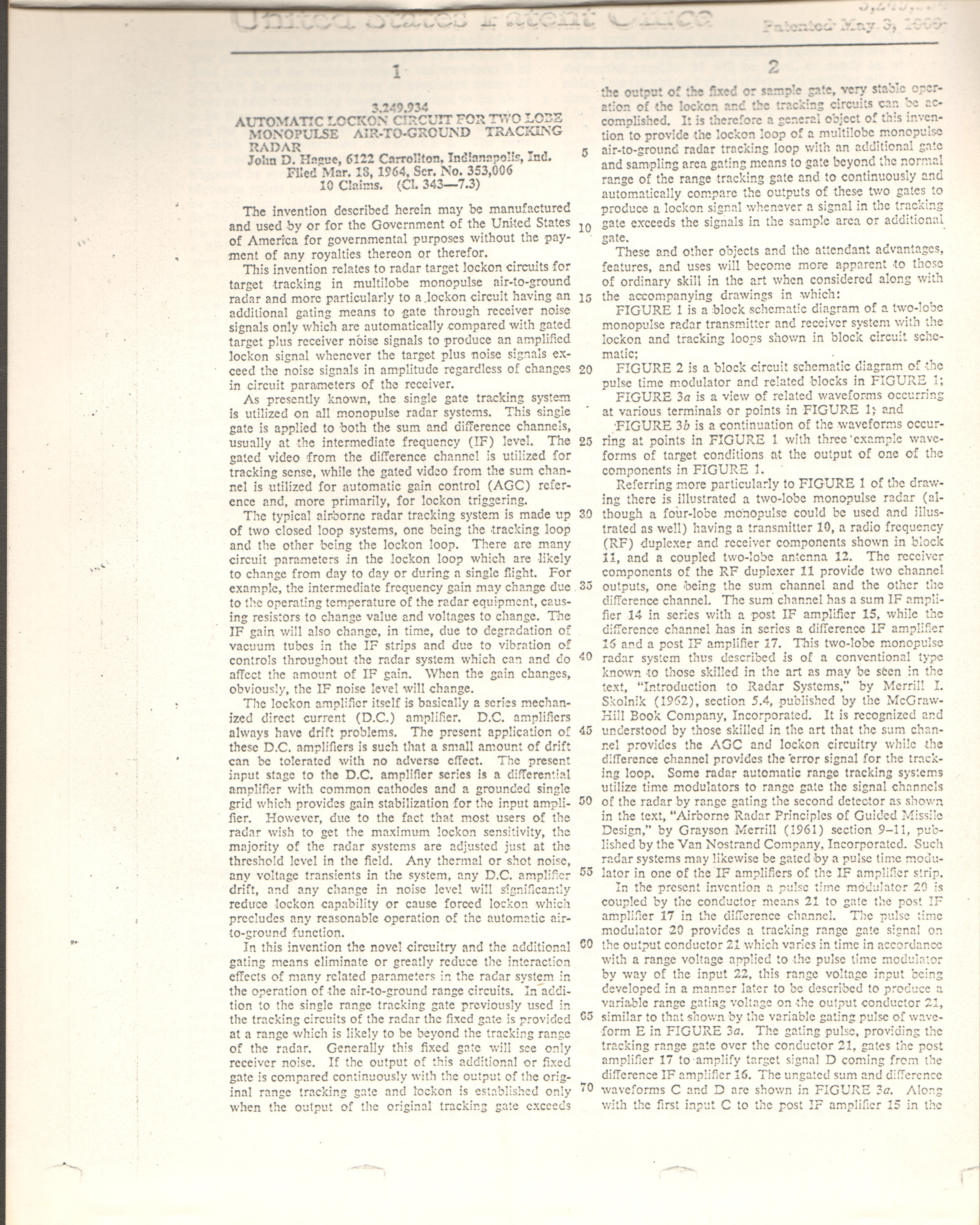 JD Hague patent 3,249,934 Lockon radar tracking