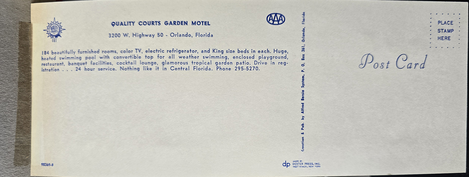Postcard back 98369-B - Quality Motel Garden Court - Orlando, FL.