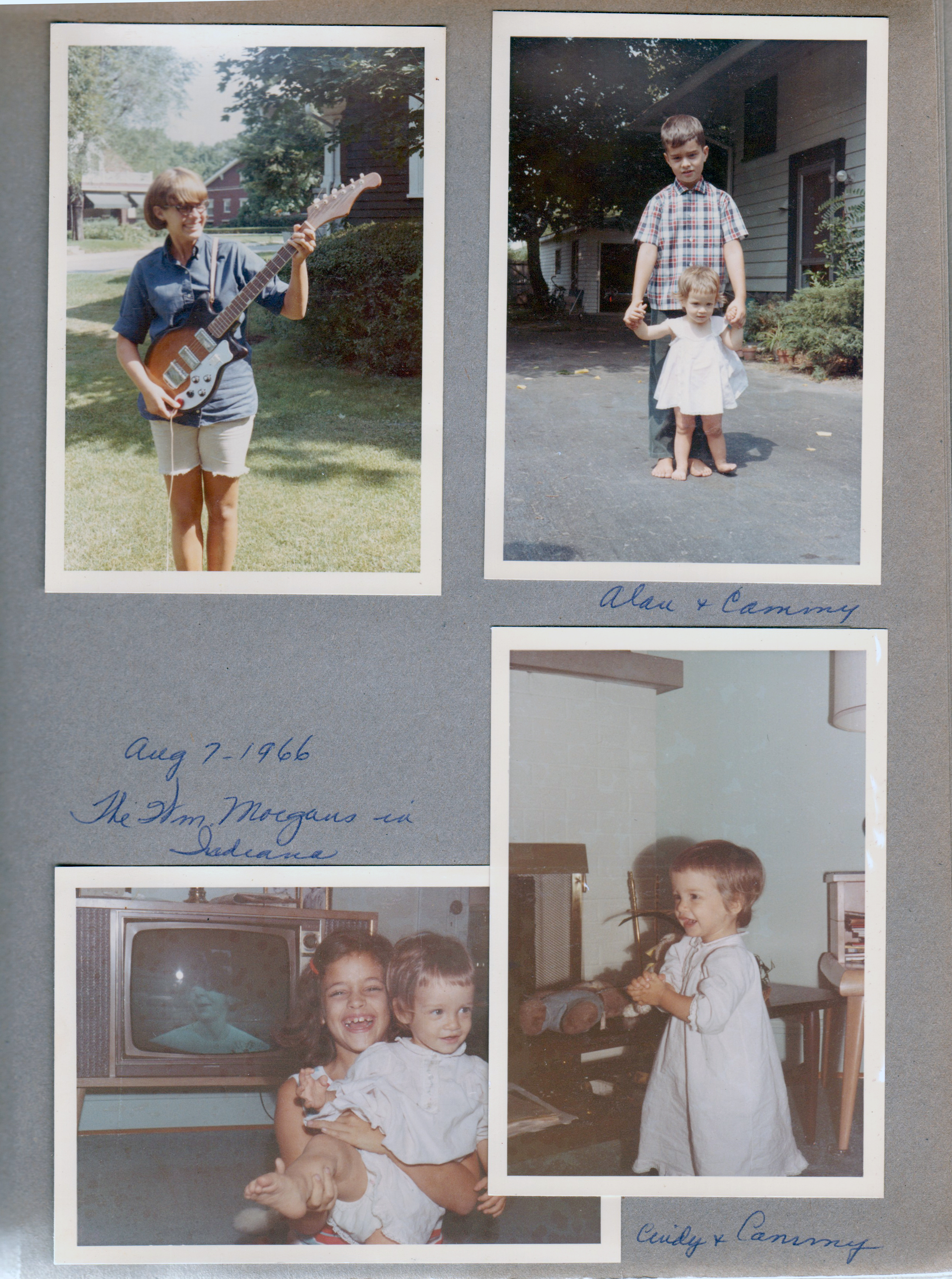 6122 yard - Susan with electric guitar. Alan and Cammy on driveway. Cindy and Cammy in living room (TV has To Tell The Truth on)