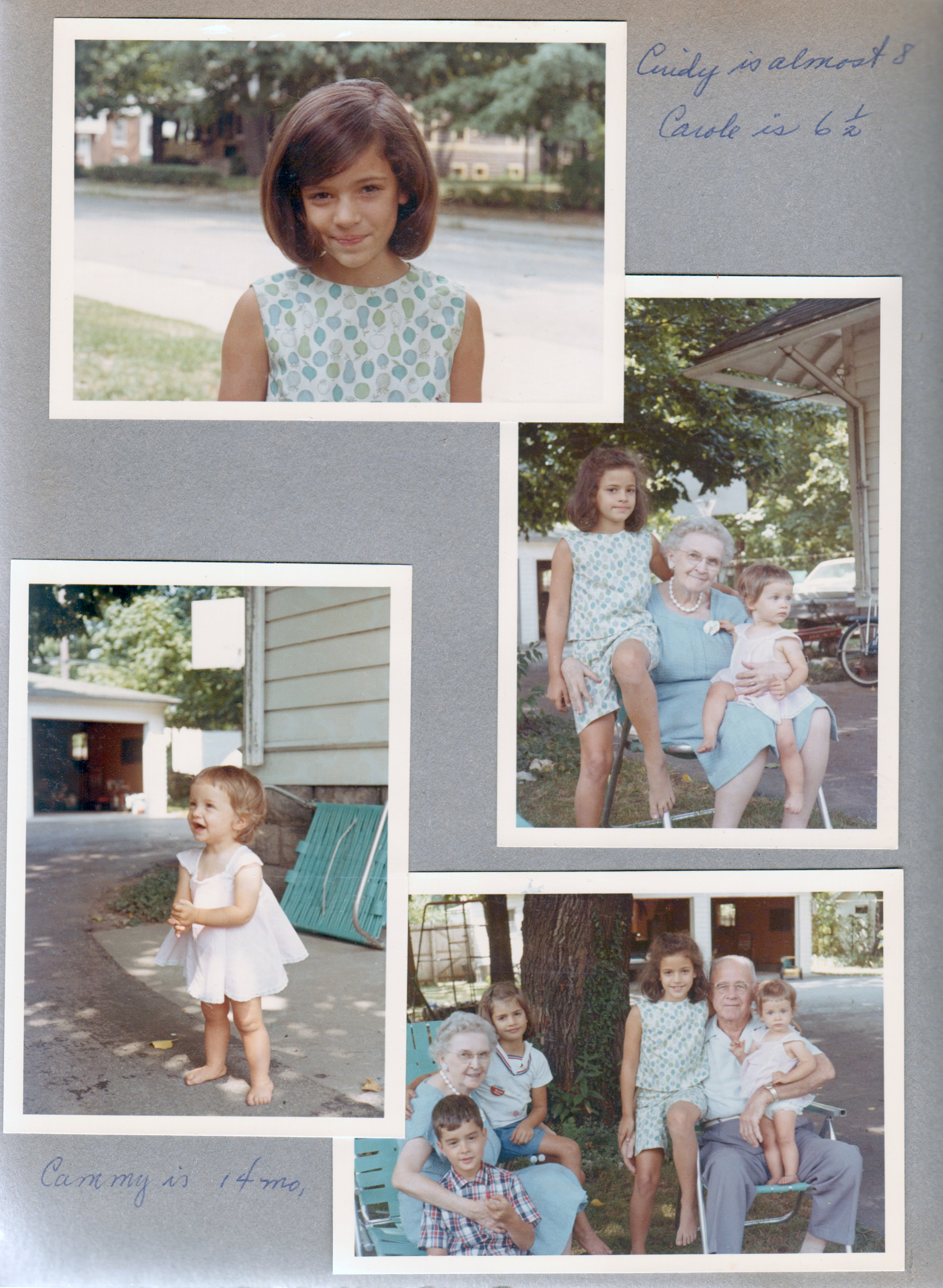 Cindy Morgan in front yard. Cindy, Vonnie and Cammy in yard. Cammy. Alan, Vonnie, Carole, Cindy, Curt and Cammy.
