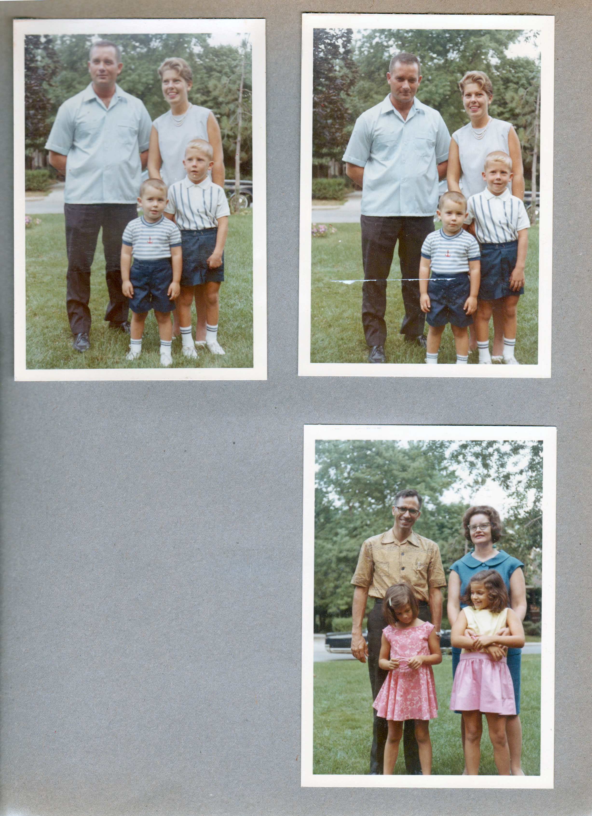 Family portraits in 6122 yard - Dave, Kenny, Betty, Ronnie Letsinger. Bill, Carole, Helen, Cindy Morgan.