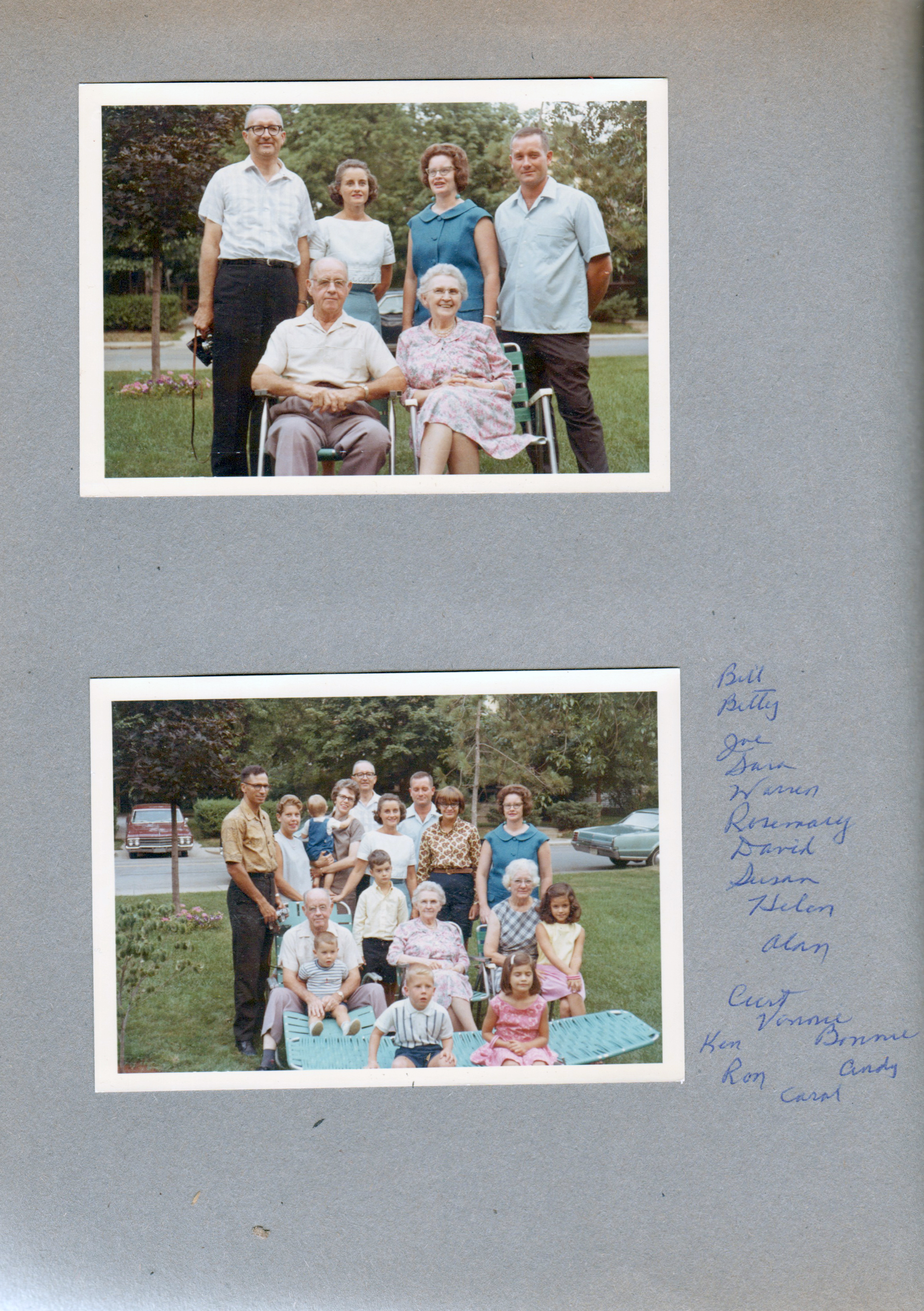 Family portraits in 6122 yard - Warren, Curt, Rosemary, Vonnie, Helen, Dave (the entire Letsinger family). Bill, Betty, Curt, Kenny, Joe, Sara, Warren, Alan, Rosemary, Ronnie, Vonnie, Dave, Susan, Carole, Bonnie, Helen, Cindy.