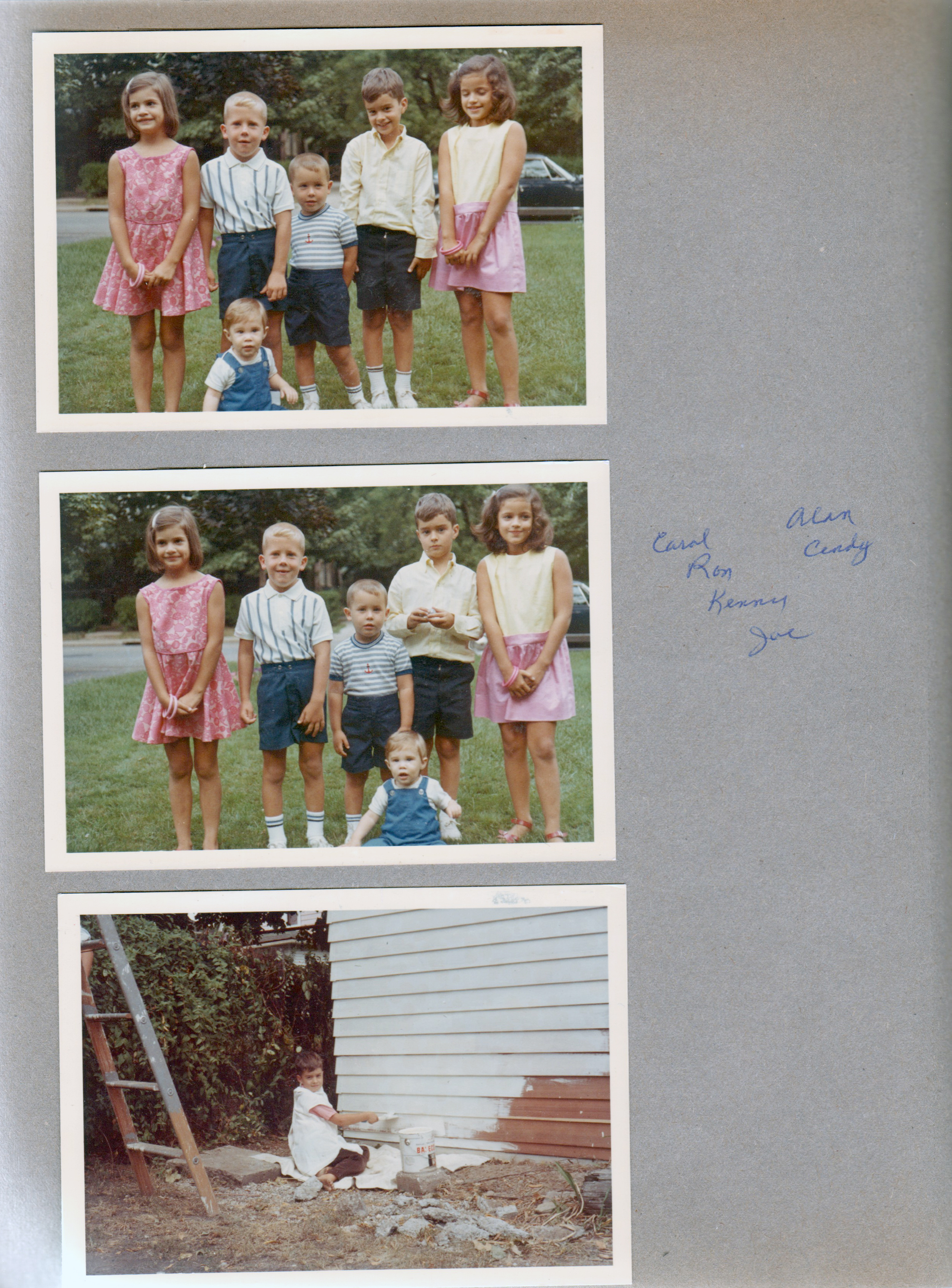 Family portraits in 6122 yard - Carole, Ronnie, Kenny, Joe, Alan, Cindy. Alan painting alley side of garage.