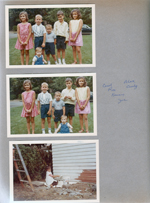 Family portraits in 6122 yard - Carole, Ronnie, Kenny, Joe, Alan, Cindy. Alan painting alley side of garage.