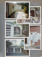 6122 new slab for north garage. Garage construction. Susan in front of finished garage. Susan painting alley side of new garage.  Finished 3 garages.
