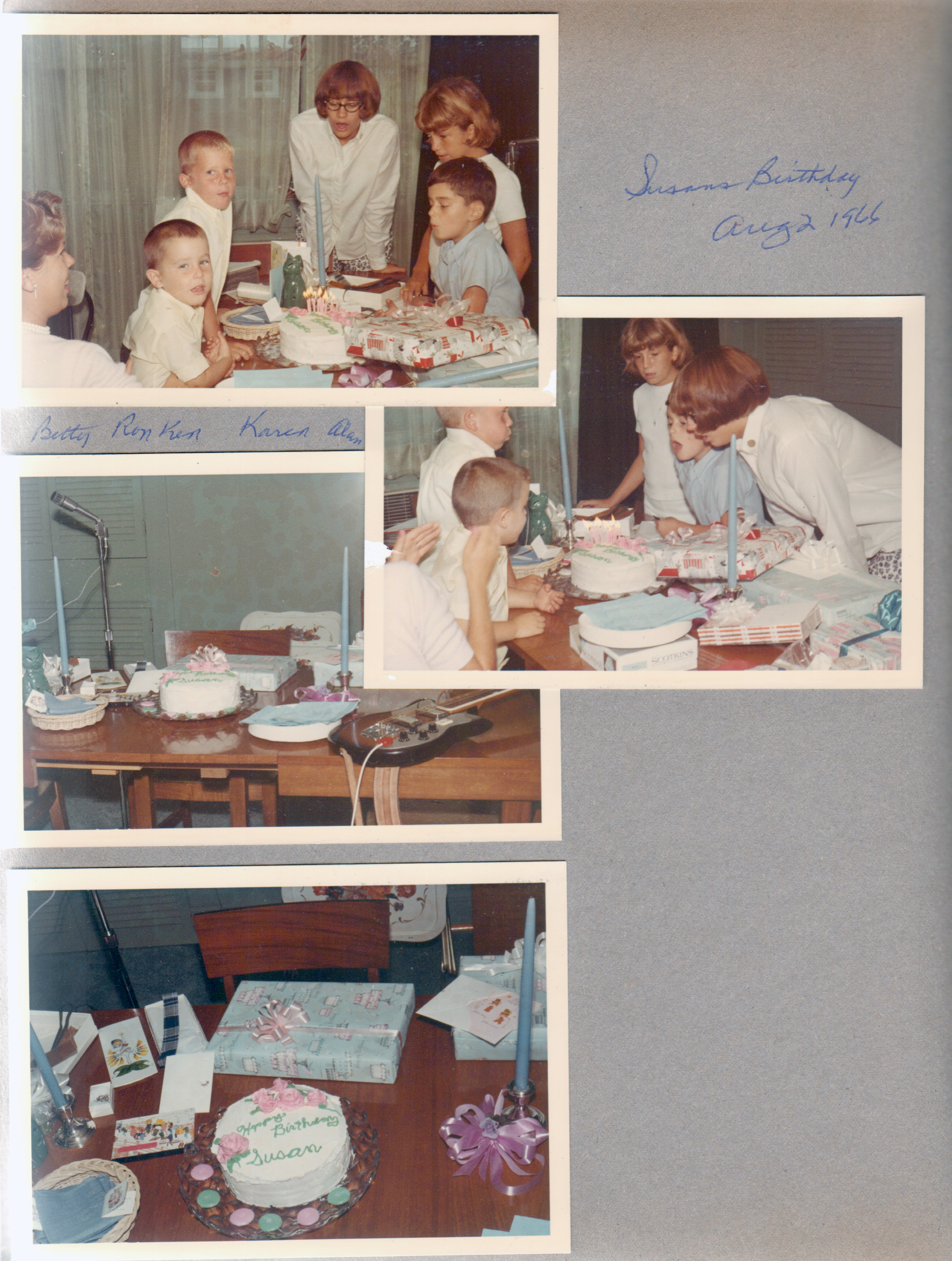 6122 - Susan's birthday om dining room - Betty, Kenny, Ronnie, Susan, Karen, Alan. Gifts on table - Electric guitar. Cake.